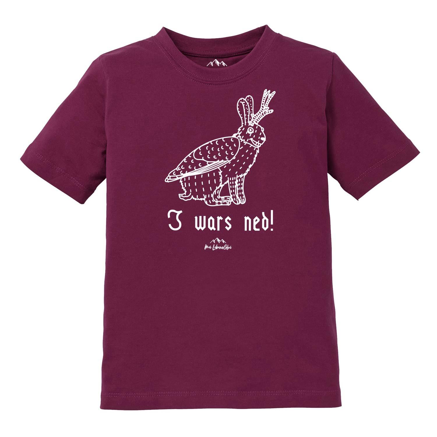 Kinder T-Shirt mit Wolpertinger-Motiv und Schriftzug „I wars ned“, runder Halsausschnitt, Siebdruck auf Baumwolle.