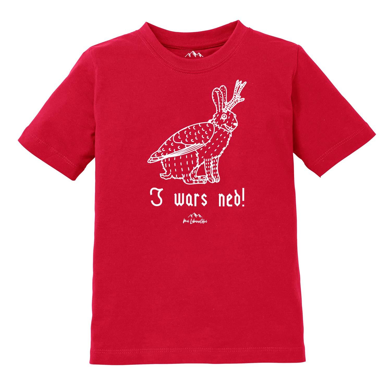 Kinder T-Shirt mit Wolpertinger-Motiv und bayerischem Schriftzug „I wars ned“, aus Baumwolle, Siebdruck.