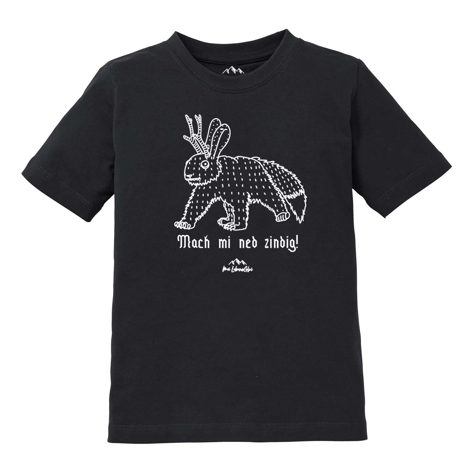 Kinder T-Shirt mit Wolpertinger-Motiv und bayerischem Schriftzug „Mach mi ned zindig“, aus Baumwolle, Siebdruck.