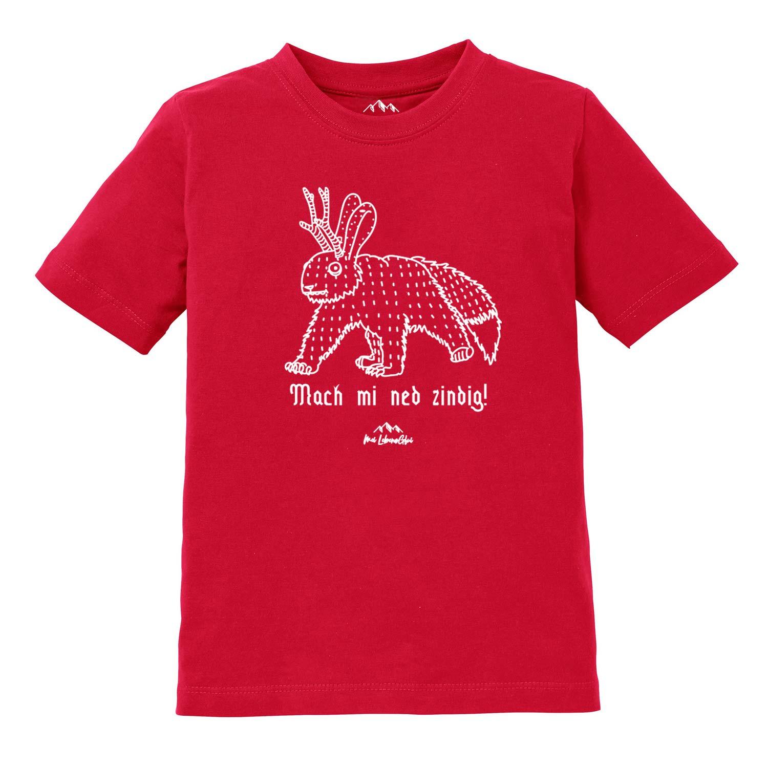 Kinder T-Shirt mit „Mach mi ned zindig“-Aufdruck und Wolpertinger-Motiv, aus Baumwolle, hochwertiger Siebdruck.