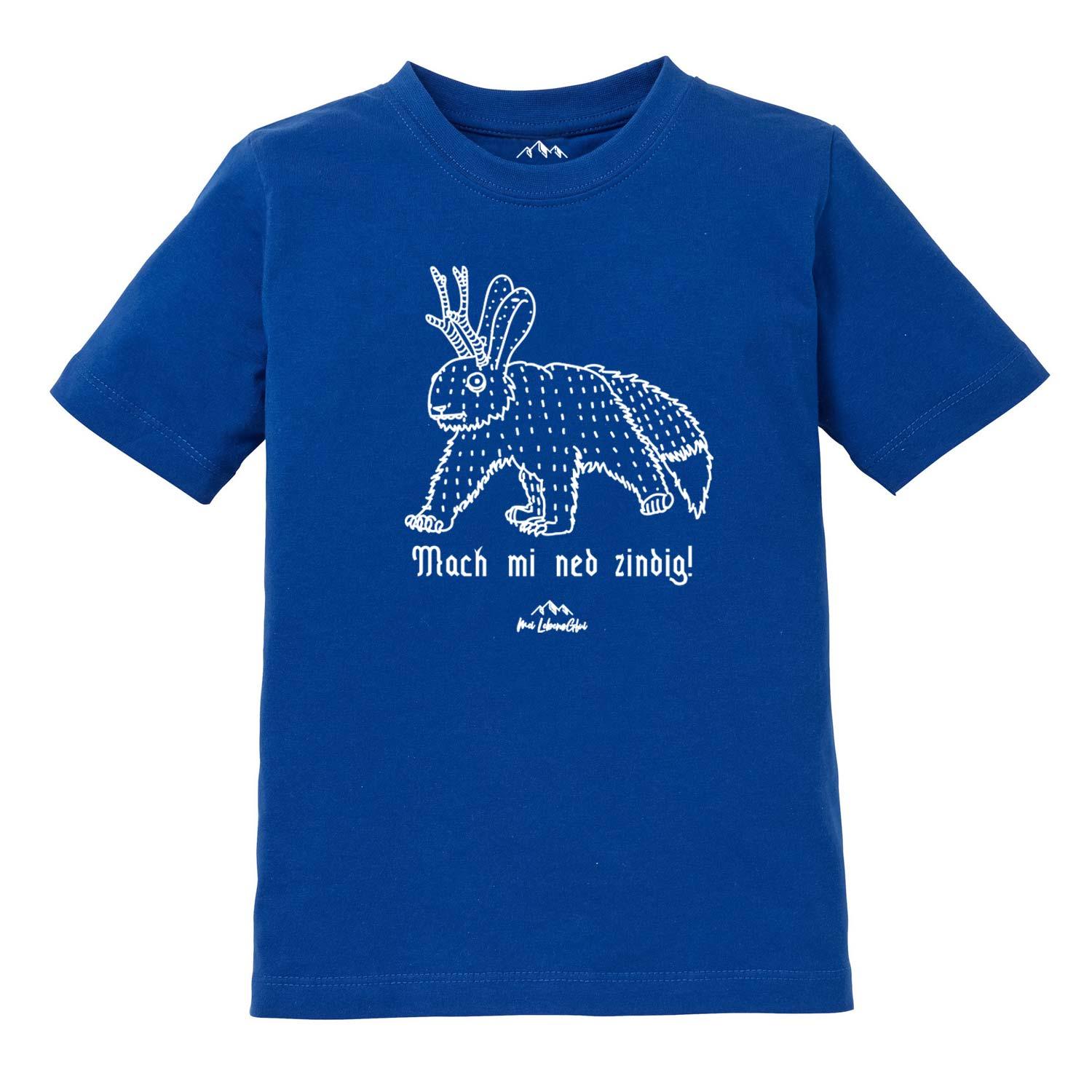 Kinder T-Shirt mit Wolpertinger-Motiv und bayerischem Schriftzug „Mach mi ned zindig“, aus Baumwolle, Siebdruck.