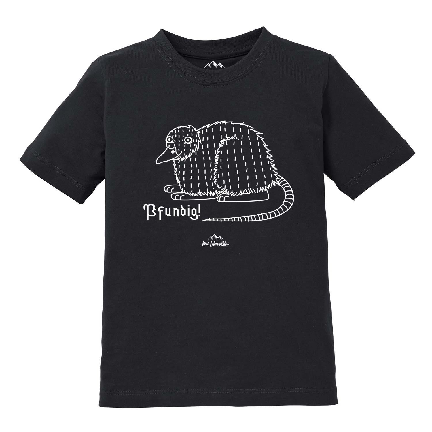 Kinder T-Shirt mit Wolpertinger-Motiv und bayerischem Schriftzug „Pfundig“, aus Baumwolle, Siebdruck.
