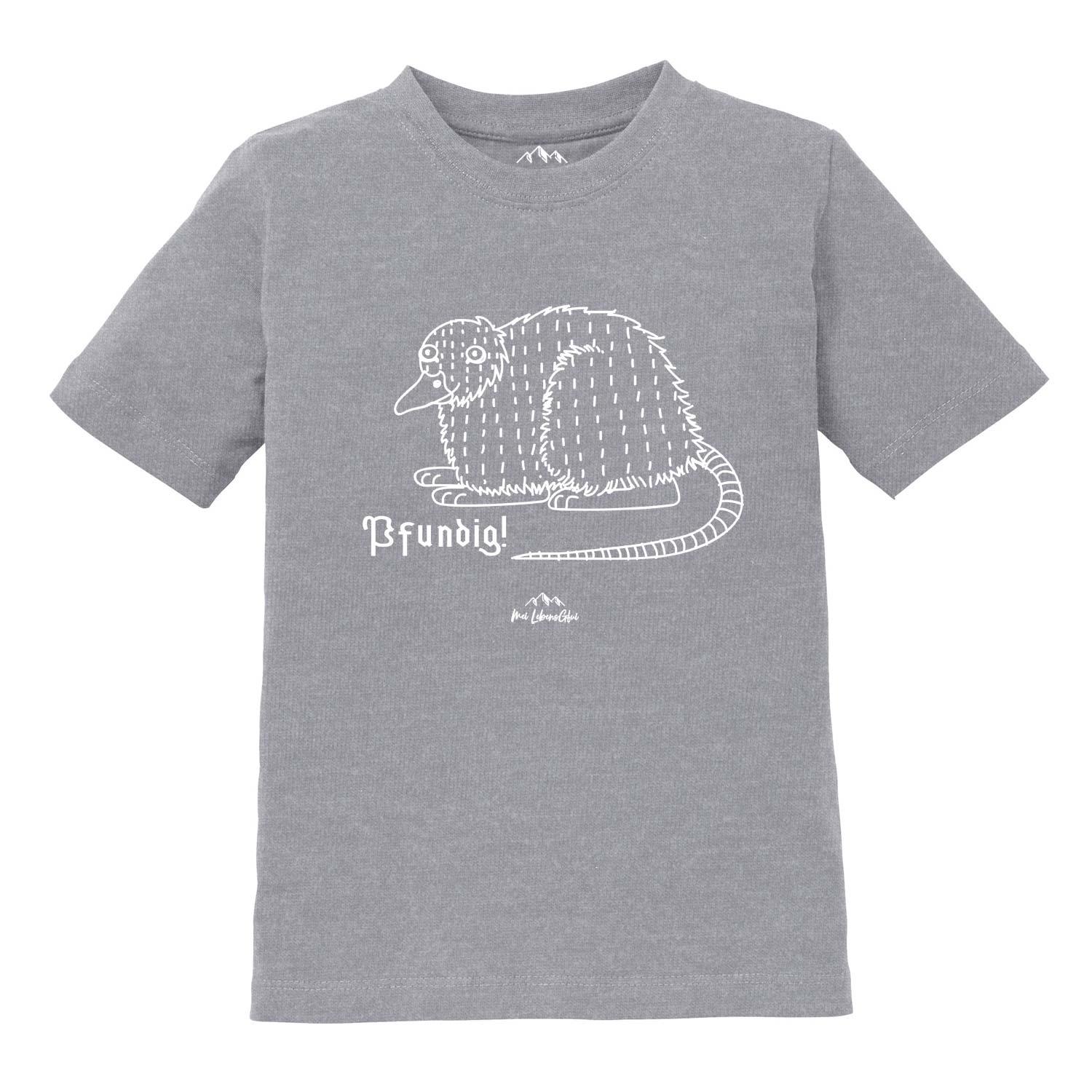 Kinder T-Shirt mit Wolpertinger-Motiv und „Pfundig“-Schriftzug, aus Baumwolle mit hochwertigem Siebdruck.