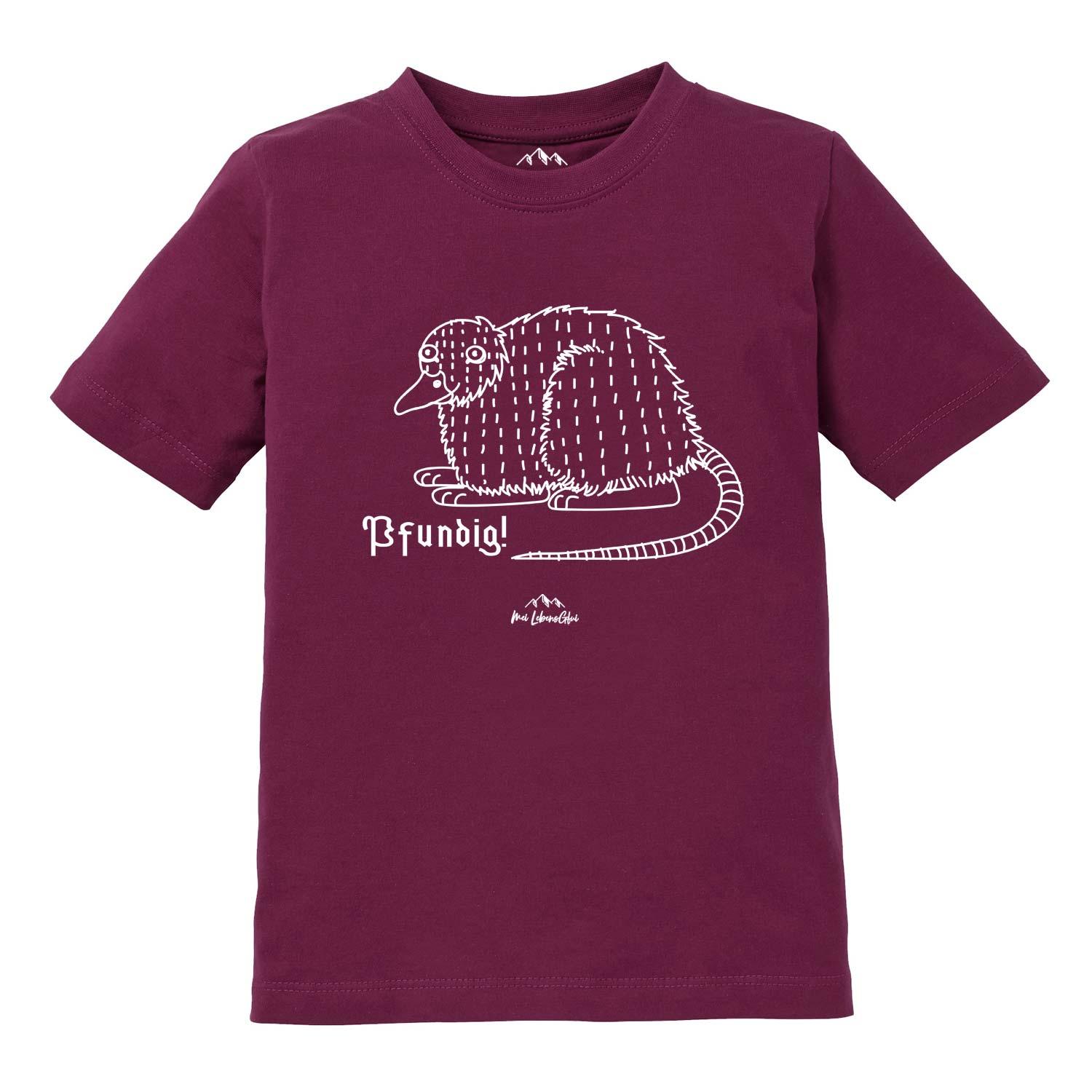 Kinder T-Shirt mit Wolpertinger-Motiv und „Pfundig“-Schriftzug im Siebdruck, aus Baumwolle gefertigt.
