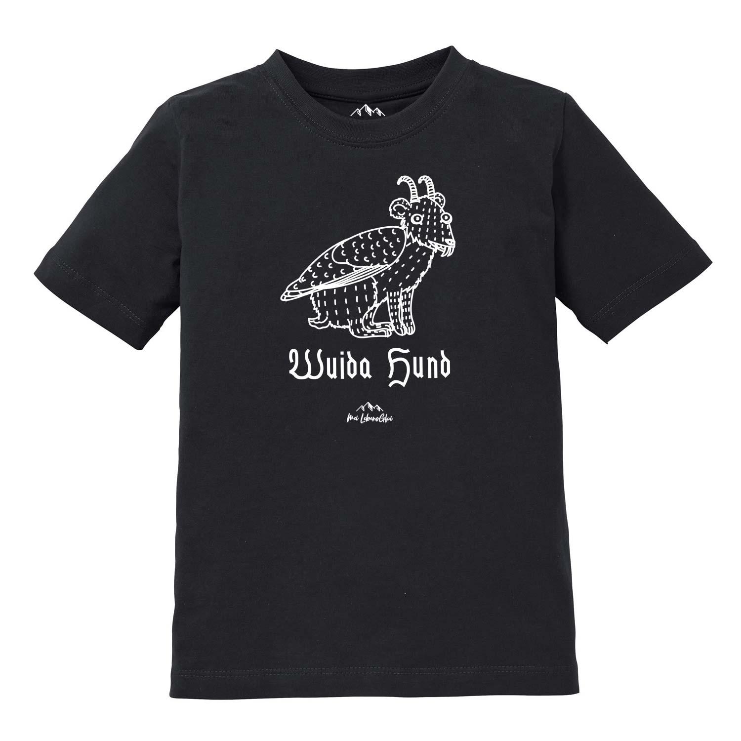 Kinder T-Shirt mit Wolpertinger-Motiv und bayerischem Schriftzug „Wuida Hund“, aus Baumwolle, Siebdruck.