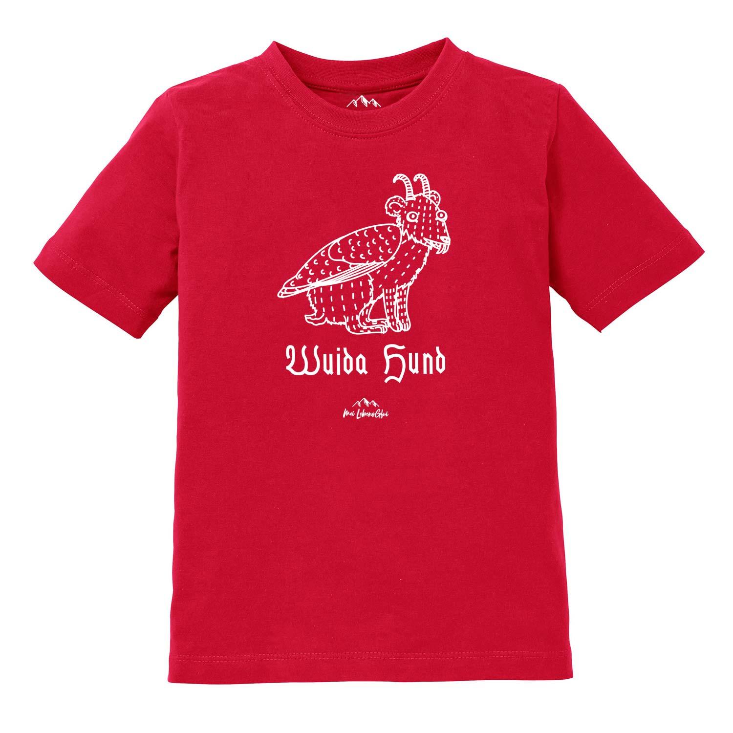 Kinder T-Shirt mit Wolpertinger-Motiv und Schriftzug „Wuida Hund“, aus Baumwolle, Siebdruck, bayerisches Mundart Gwand.