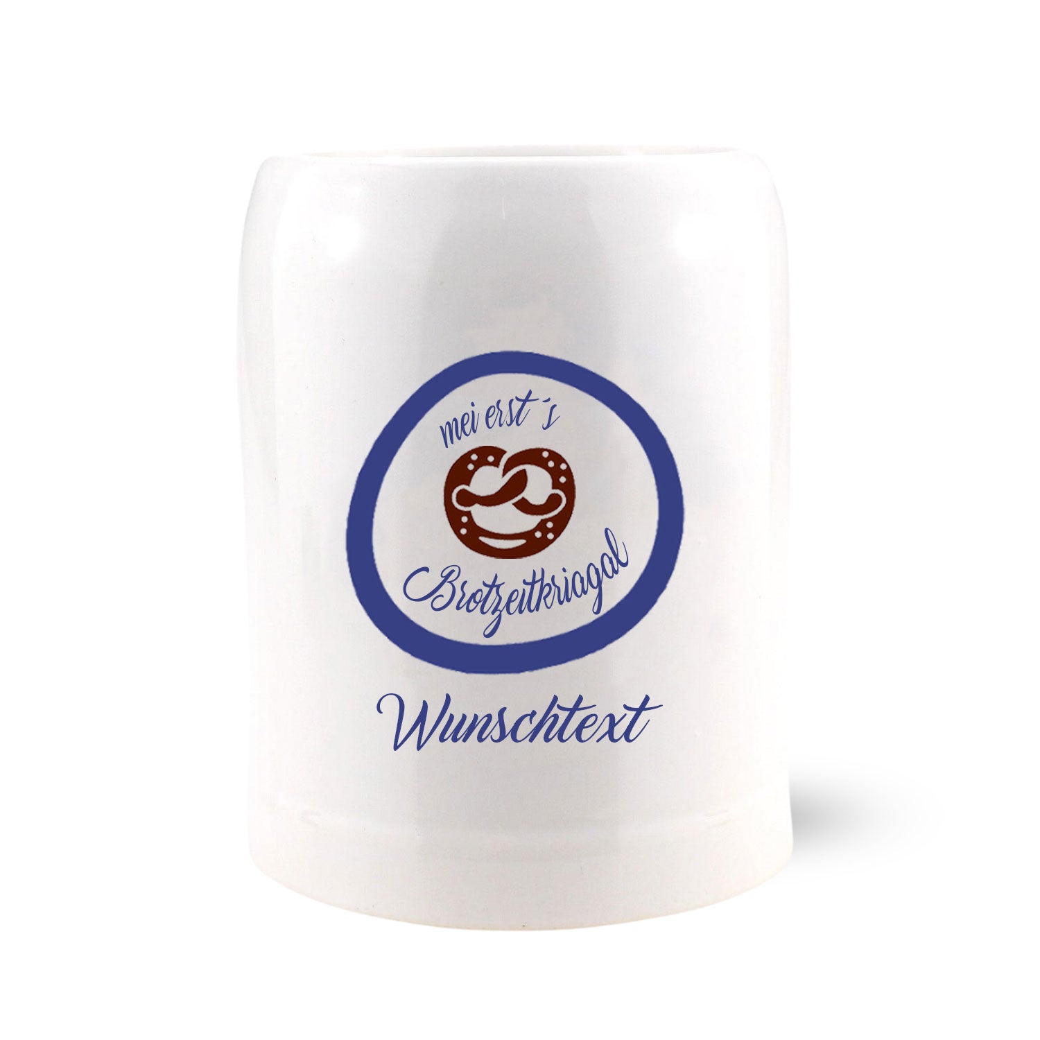 Kinder-Steinkrug in Beige mit dunkelblauem Schriftzug „Mei erst’s Brotzeitkriagal“, bauchige Form, 0,25 Liter.
