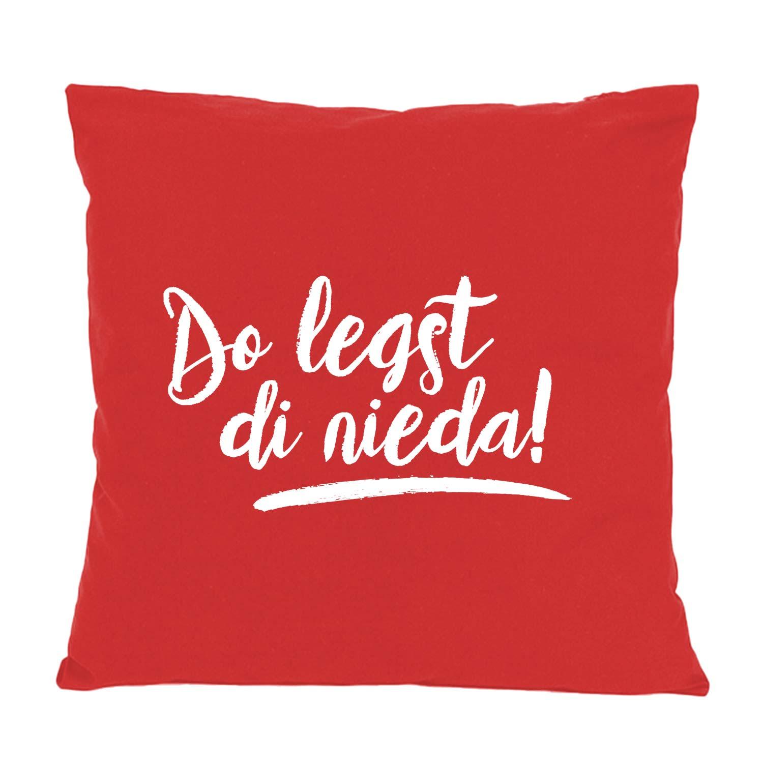 Dekokissen mit bayerischem Schriftzug „Do legst di nieda!“, quadratisch, 100 % Baumwolle, ca. 40 × 40 cm.
