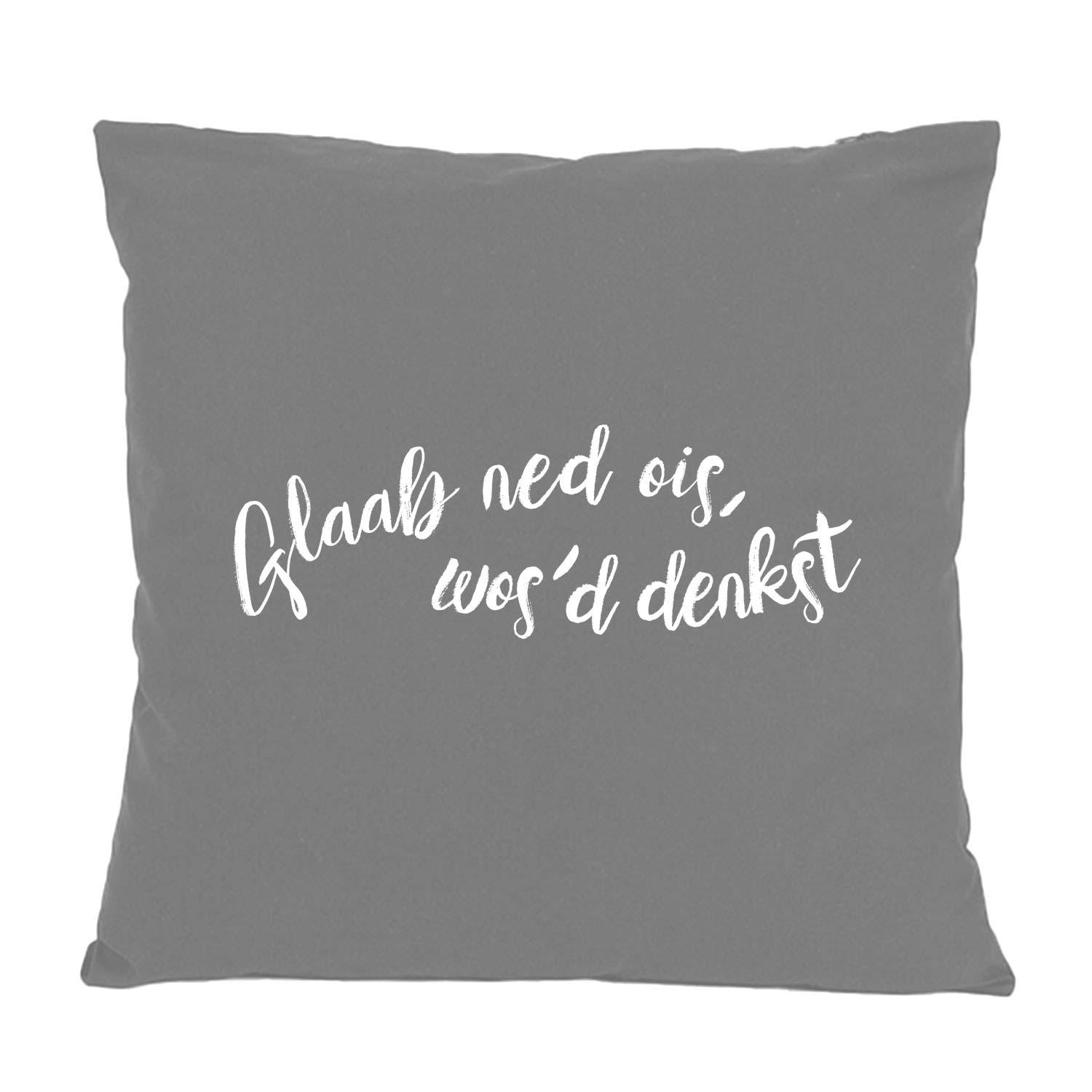 Quadratisches Zierkissen mit gut lesbarem Aufdruck „Glaab ned ois, wasd im Internet liest“; 100 % Baumwolle, ca. 40 × 40 cm.