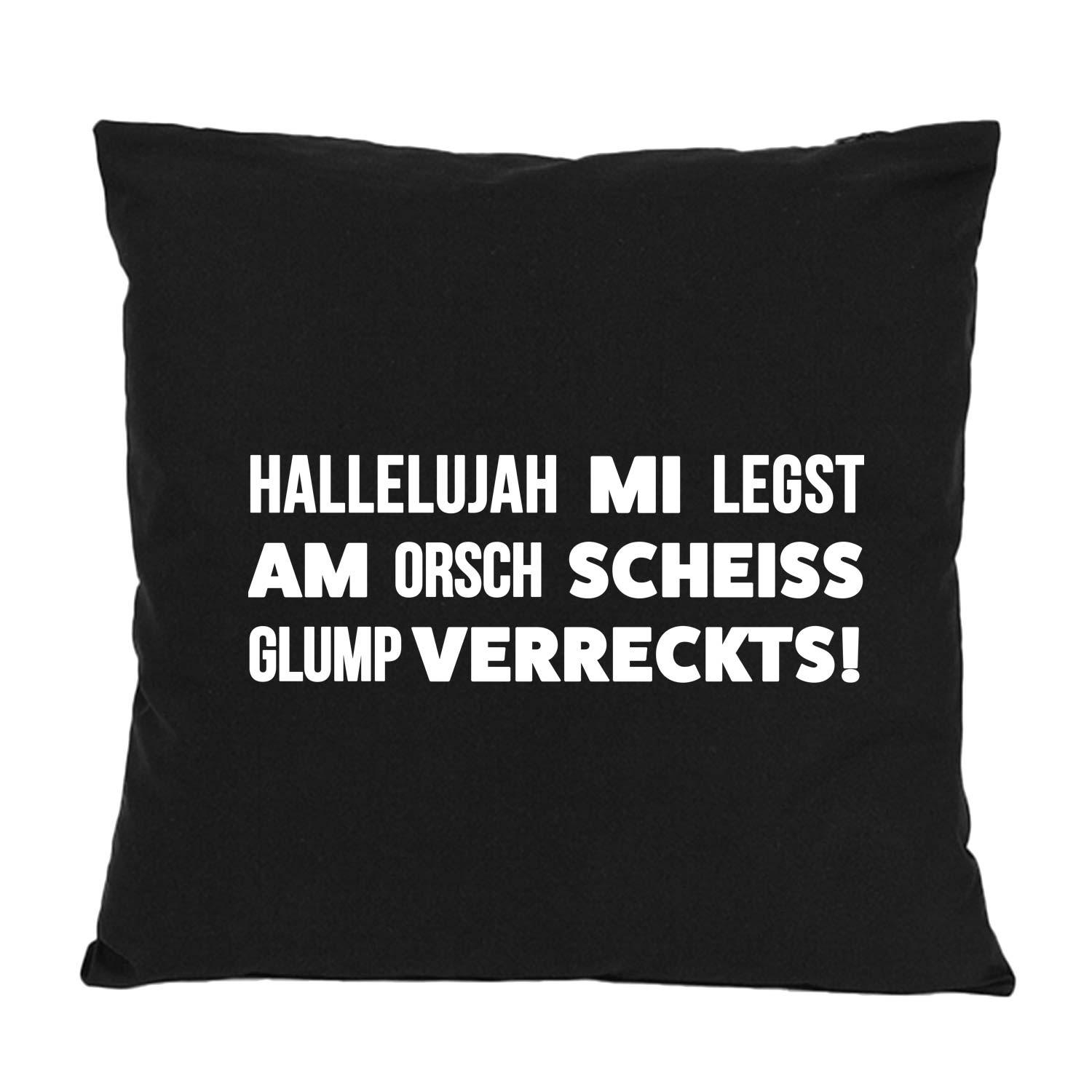 Quadratisches Dekokissen mit bayerischem Schriftzug „Hallelujah mi legst am...“, aus Baumwolle, ca. 40 x 40 cm.