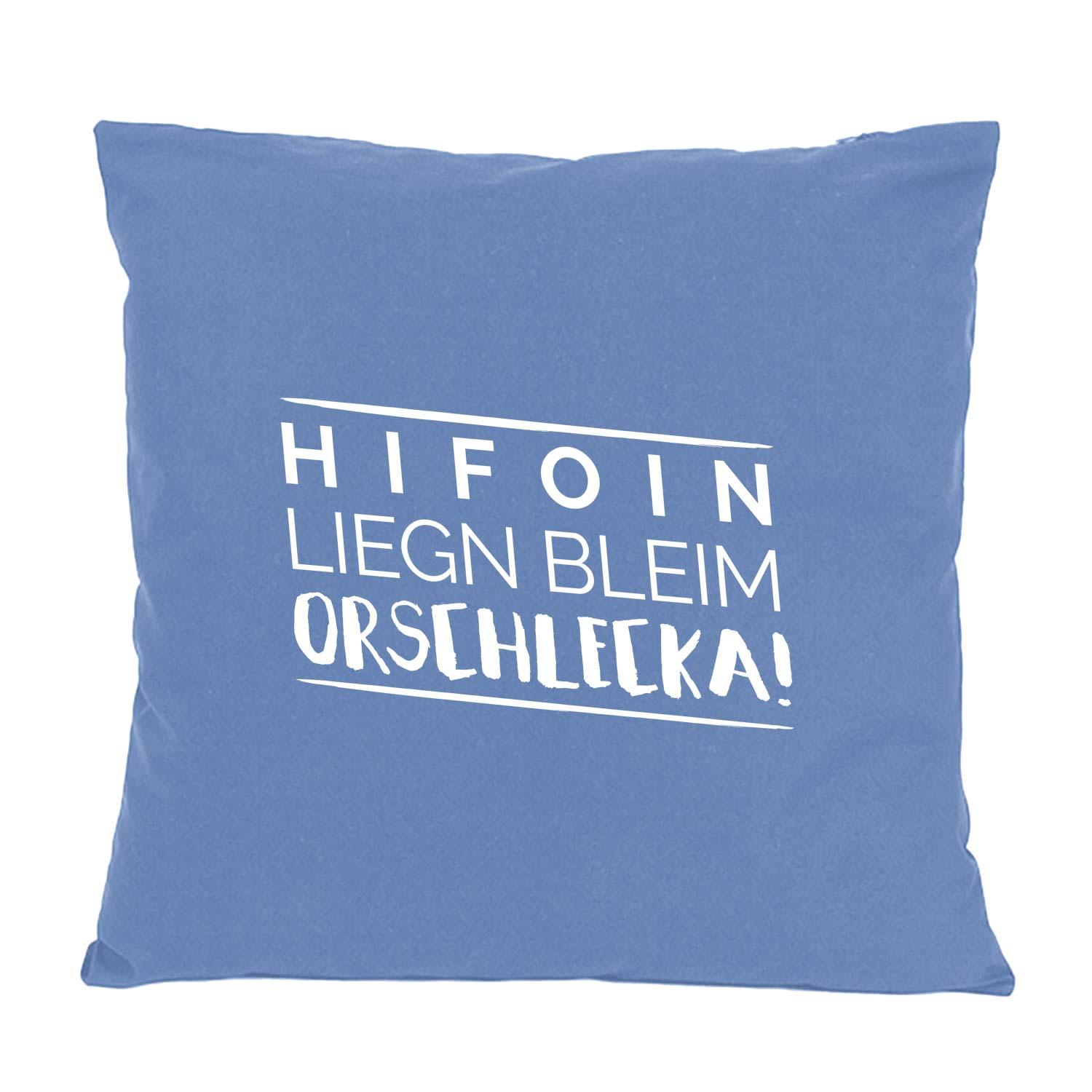 Quadratisches Dekokissen mit bayerischem Schriftzug „Hifoin liegn bleim...“ aus 100 % Baumwolle, ca. 40 x 40 cm.