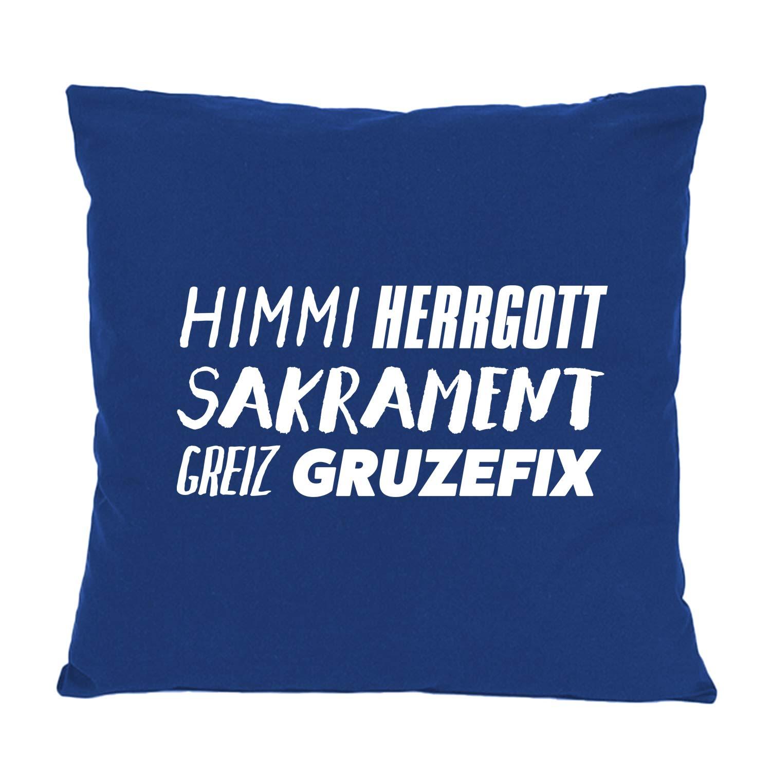 Quadratisches Dekokissen mit bayerischem Schriftzug „Himmi Herrgott“ auf strukturiertem Stoff, ca. 40 x 40 cm, 100 % Baumwolle.