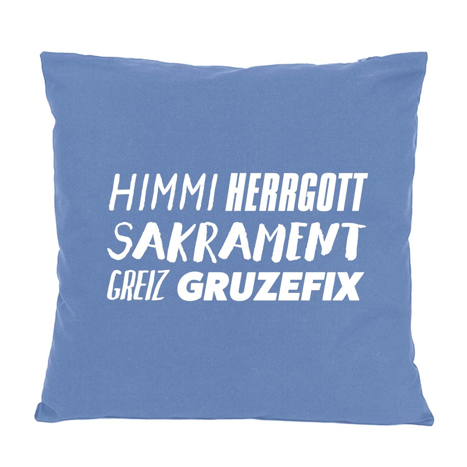 Quadratisches Dekokissen mit bayerischem Schriftzug „Himmi Herrgott“ auf strukturierter Baumwolloberfläche, ca. 40 x 40 cm.