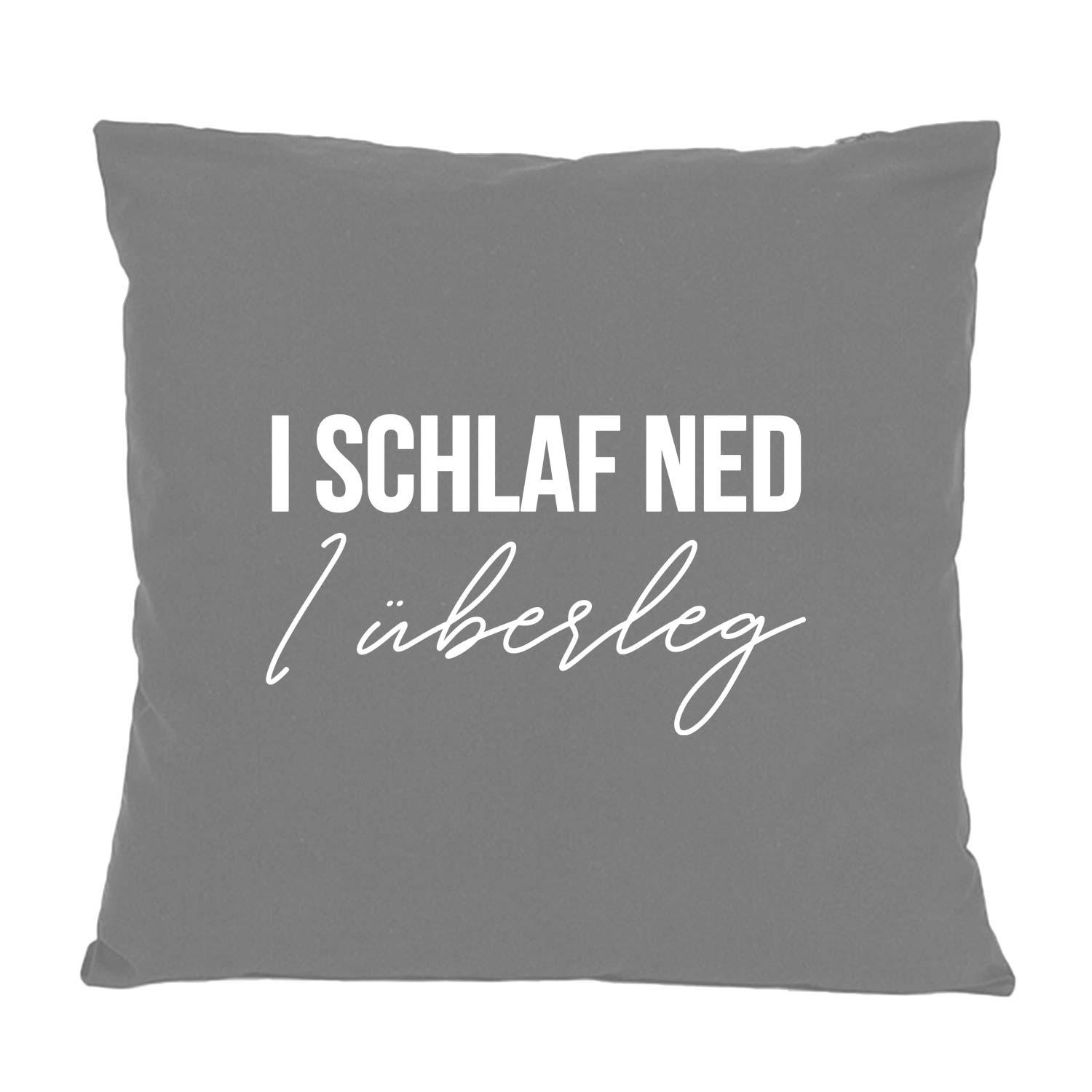Quadratisches Dekokissen mit sichtbarem Schriftzug „I schlaf ned, I überleg“, aus Baumwolle, ca. 40 x 40 cm.