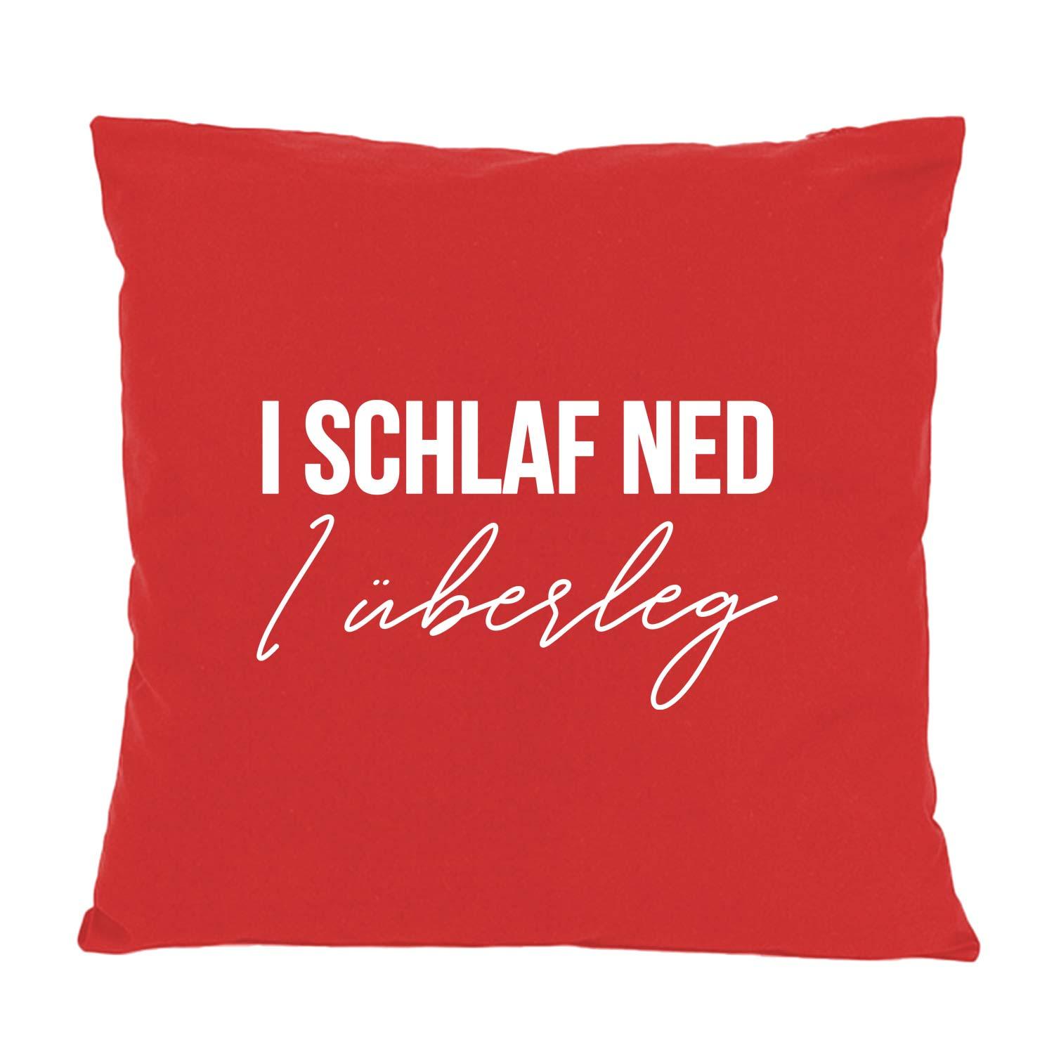 Quadratisches Dekokissen mit sichtbarem Schriftzug „I schlaf ned, I überleg“, klarer Aufdruck auf Vorderseite, 100 % Baumwolle, ca. 40 x 40 cm.
