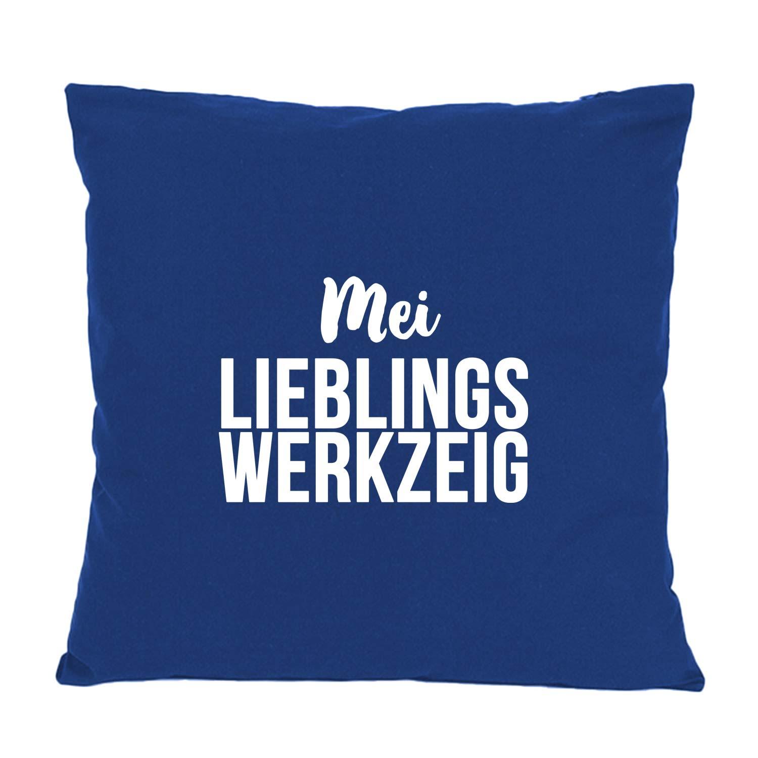 Quadratisches Dekokissen mit bayerischem Schriftzug „Mei Lieblingswerkzeig“, aus Baumwolle, ca. 40 x 40 cm.