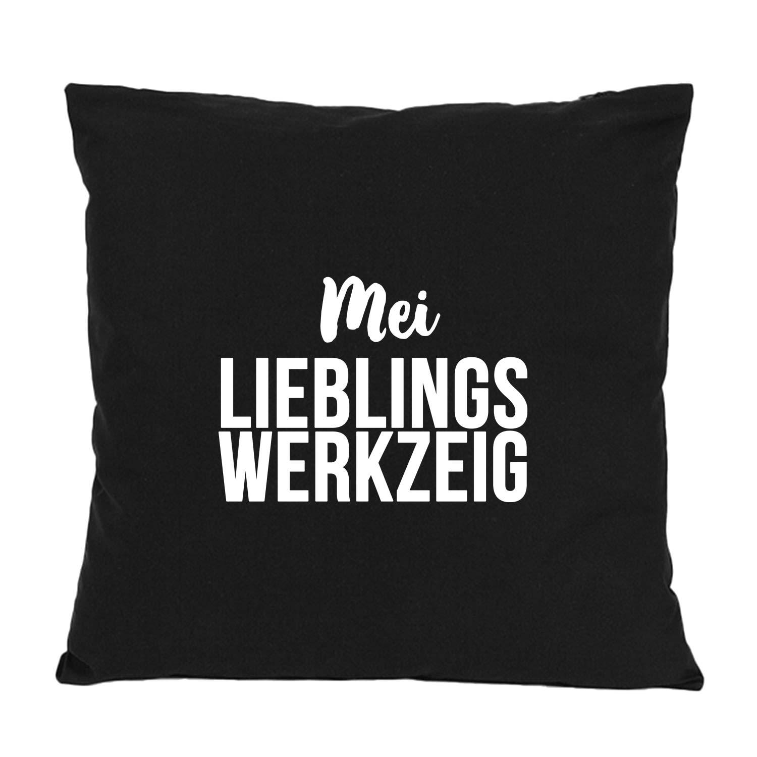 Quadratisches Dekokissen mit aufgedrucktem bayerischem Schriftzug „Mei Lieblingswerkzeig“, aus Baumwolle, ca. 40 x 40 cm.