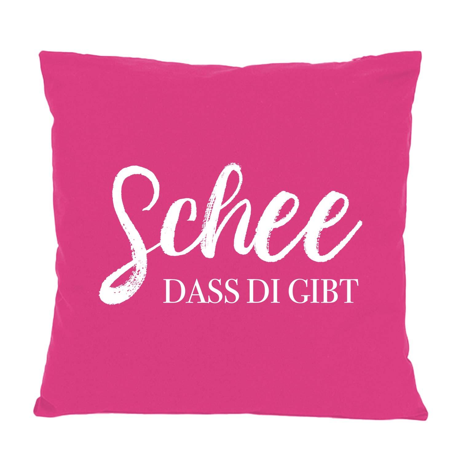 Quadratisches Dekokissen mit bayerischem Schriftzug „Schee, dass di gibt!“ auf glatter Baumwolloberfläche, ca. 40 x 40 cm.