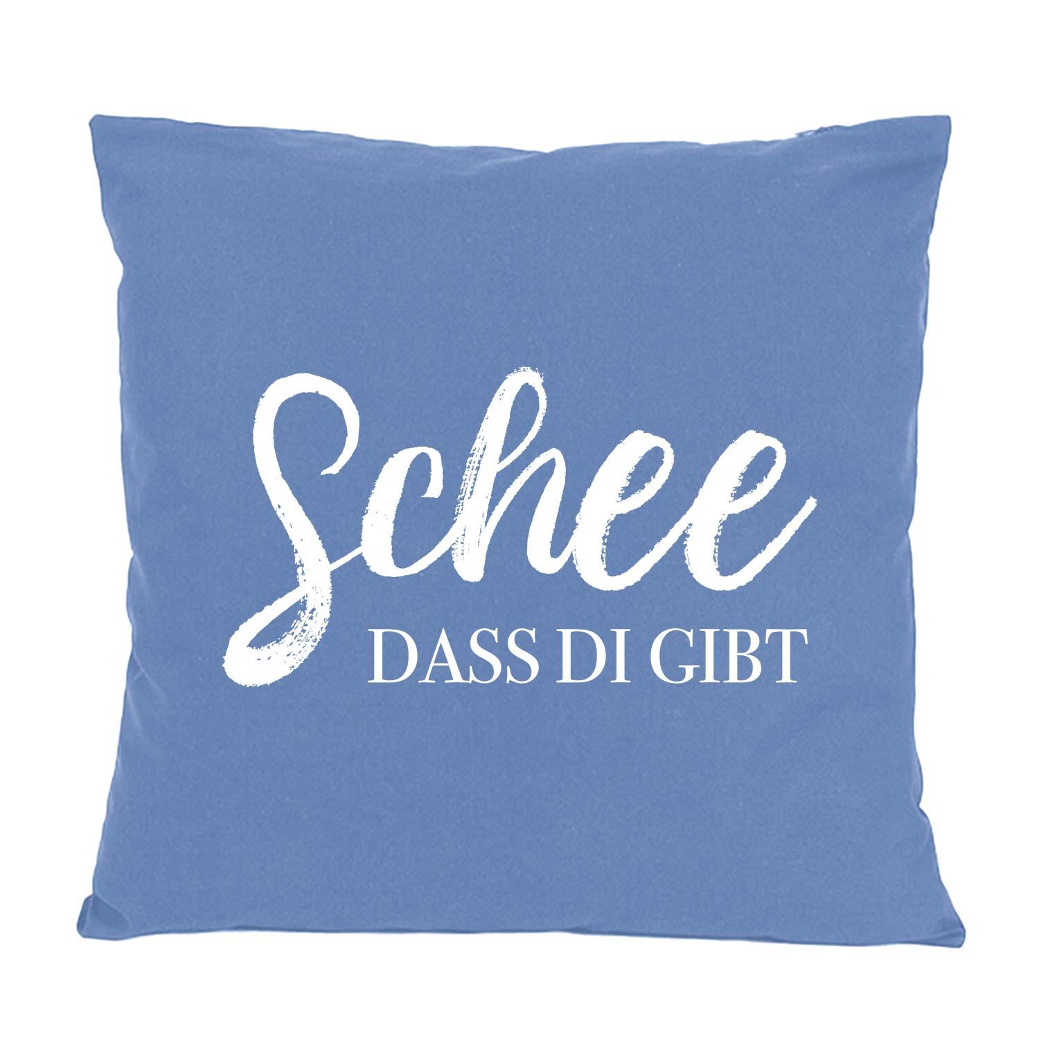 Quadratisches Dekokissen mit gesticktem Schriftzug „Schee, dass di gibt!“ auf unifarbener Baumwolloberfläche, ca. 40 x 40 cm.