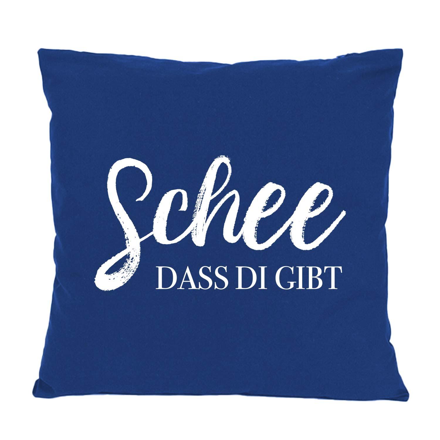 Quadratisches Dekokissen mit sichtbarem Schriftzug „Schee, dass di gibt!“, aus Baumwolle, ca. 40 x 40 cm.