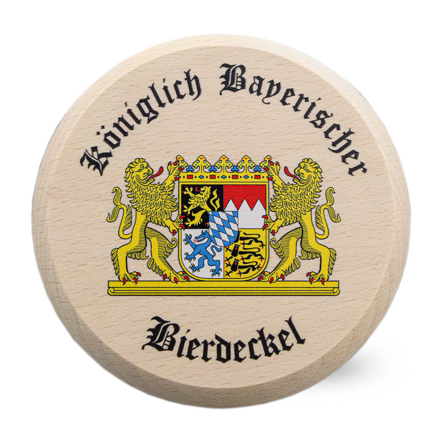 Runder Bierdeckel aus naturbelassenem Holz mit blauer Krone und bayerischem Schriftzug, farbig bedruckt, Ø 10 cm.