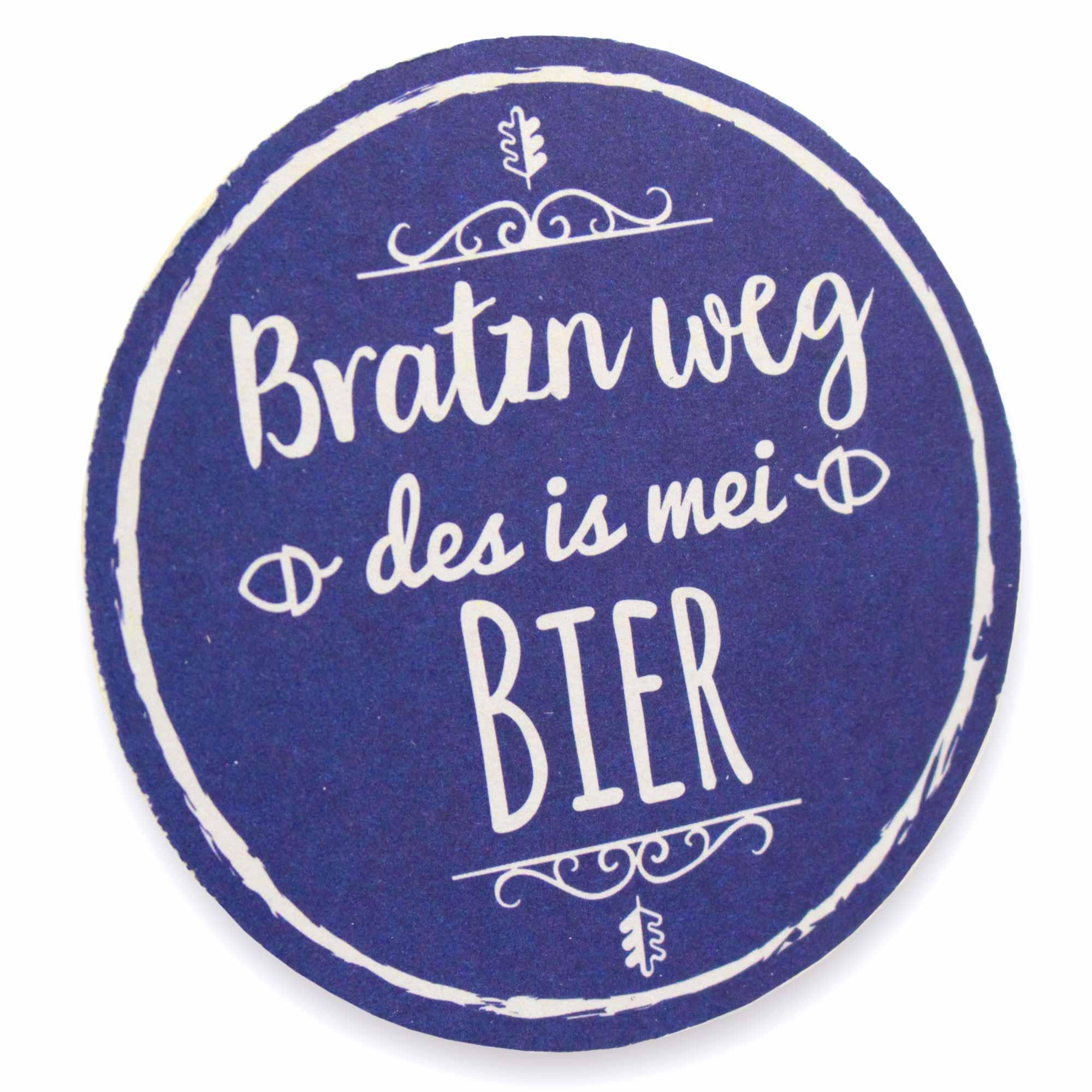 Runder Bierdeckel mit blau-weißem Rautenmuster, schwarzem Schriftzug „Königlich bayerisches Bierfuizl“, 20 Stück, Ø 107 mm.