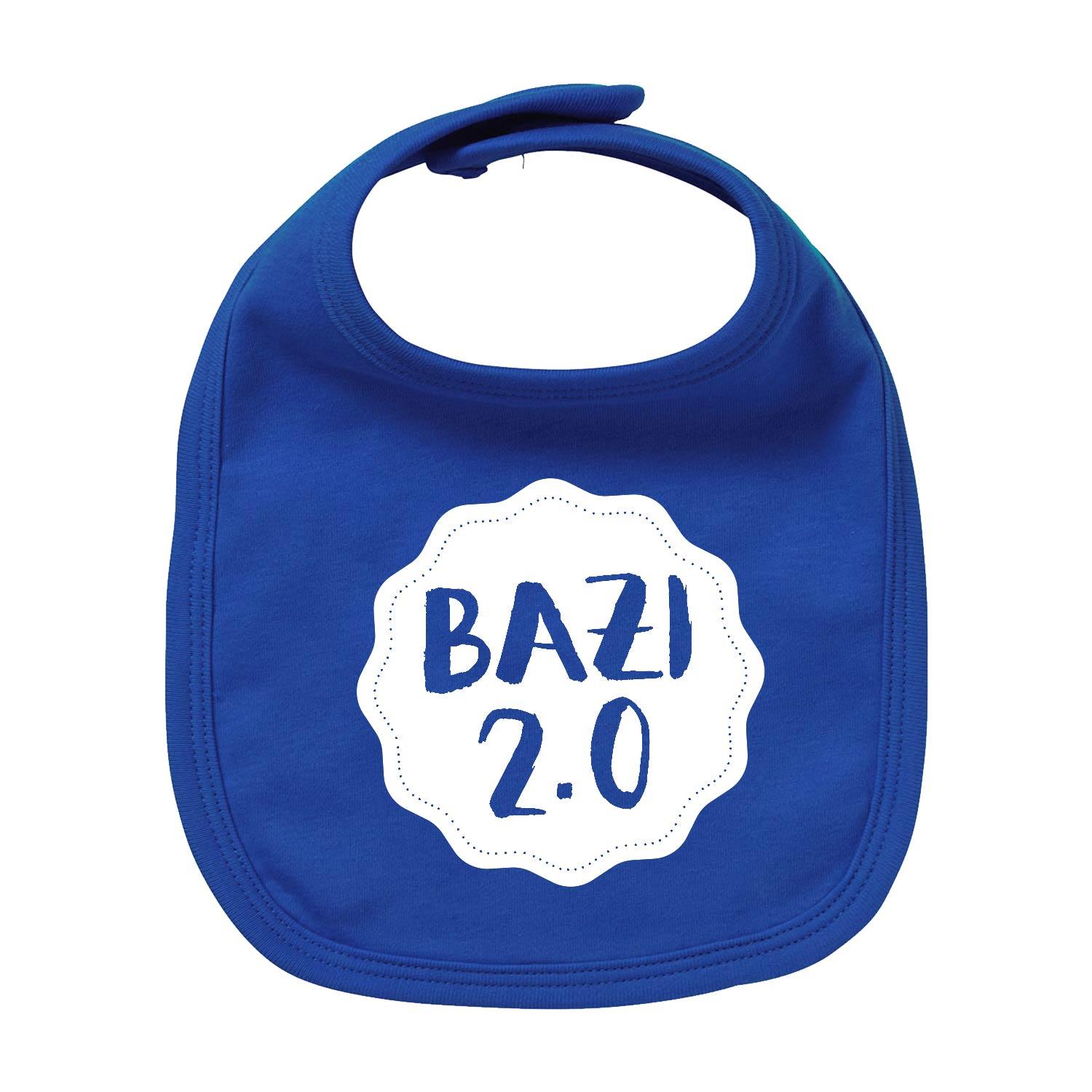 Bayerisches Baby-Lätzchen in Dunkelblau mit weißem „Bazi 2.0“-Schriftzug, aus 100 % Bio-Baumwolle, 35×22 cm.