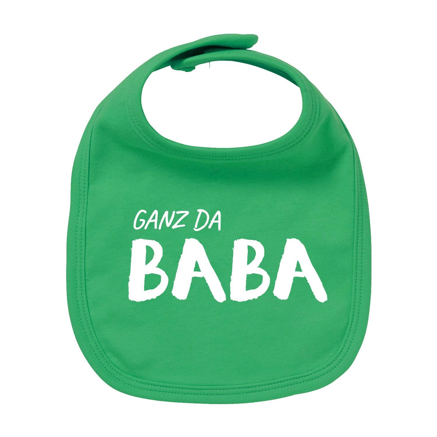 Hellblaues Baby-Lätzchen aus Bio-Baumwolle mit weißem Aufdruck „Ganz da Baba!“ im bayerischen Dialekt.