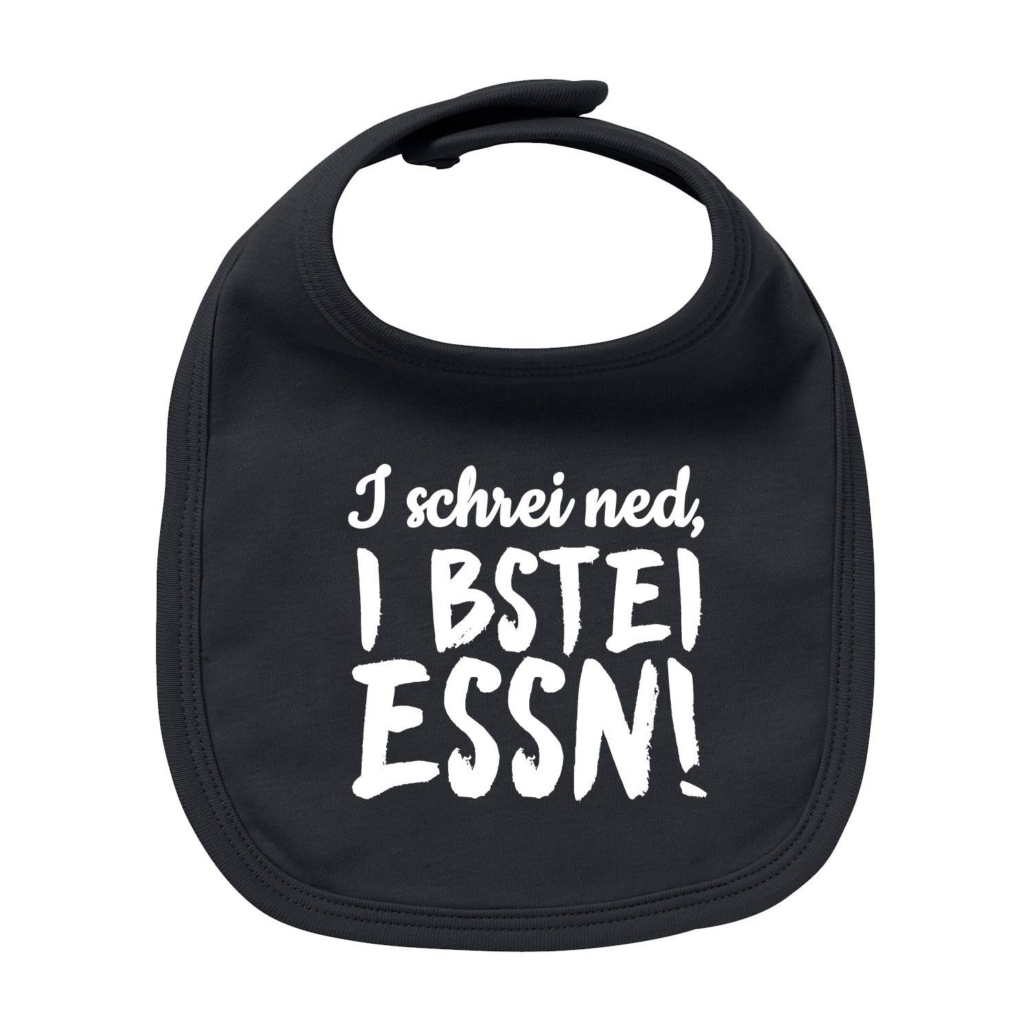 Bayerisches Baby-Lätzchen in Hellblau mit weißem Schriftzug „I bstei Essn...“, aus 100 % Bio-Baumwolle, rund geschnitten.
