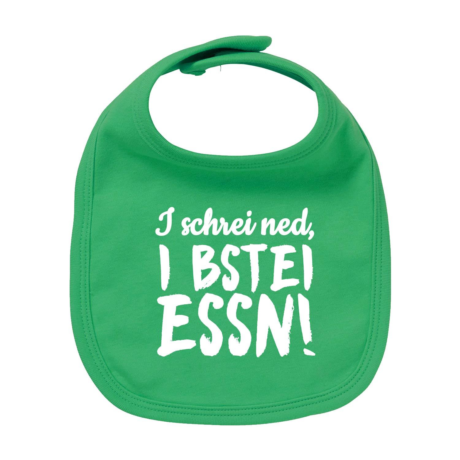 Hellblaues Babylätzchen mit weißem Siebdruck-Schriftzug „I bstei Essn“, aus 100 % Bio-Baumwolle.