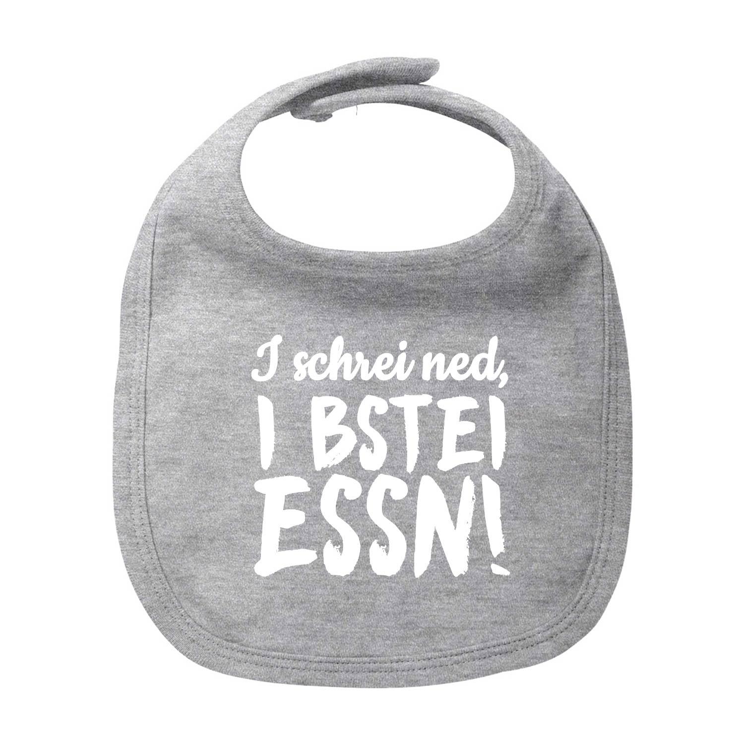 Weißes Baby-Lätzchen mit blauem Schriftzug „I bstei Essn...“, rechteckig, aus 100 % Bio-Baumwolle.