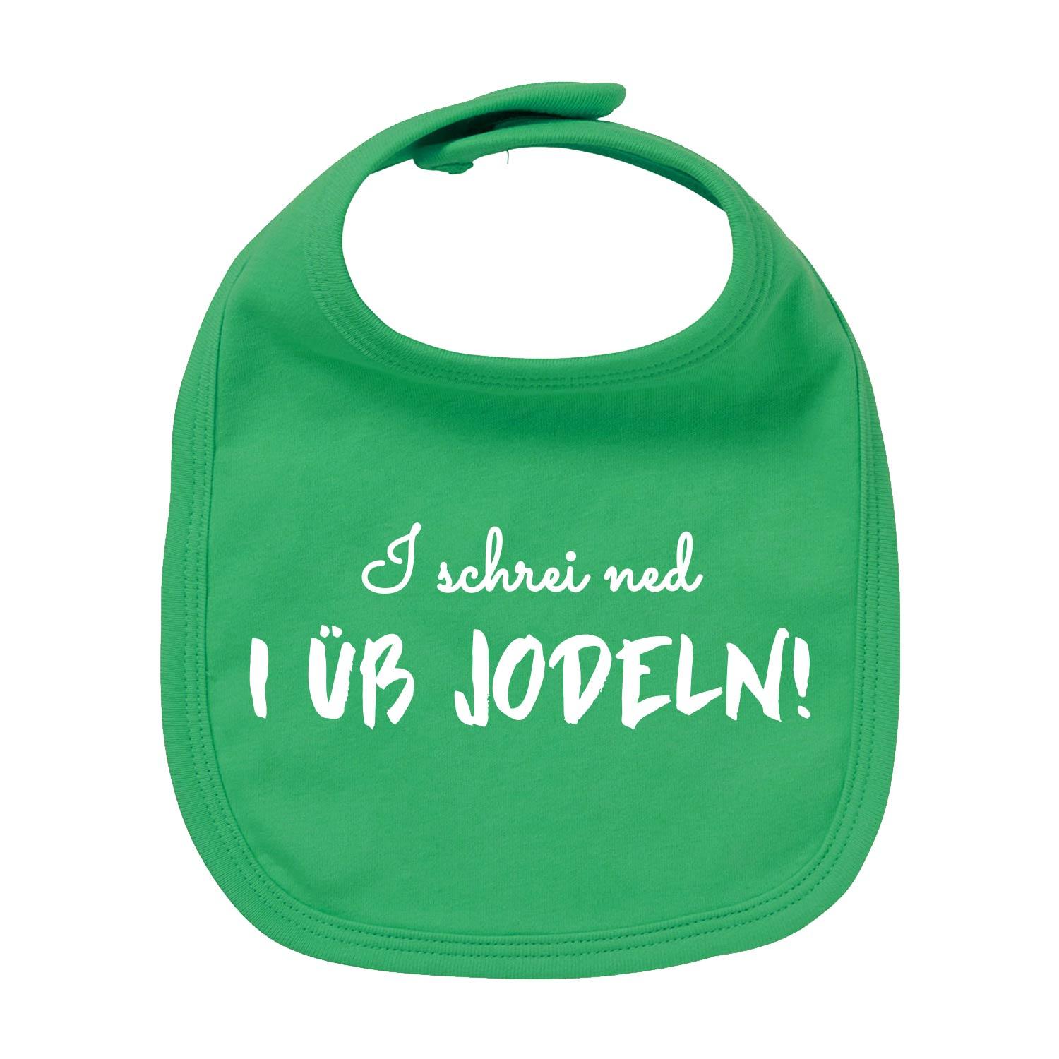 Bayerisches Baby-Lätzchen in Dunkelblau mit weißem Schriftzug „I üb jodeln“, Rundform, Bio-Baumwolle, Siebdruck.