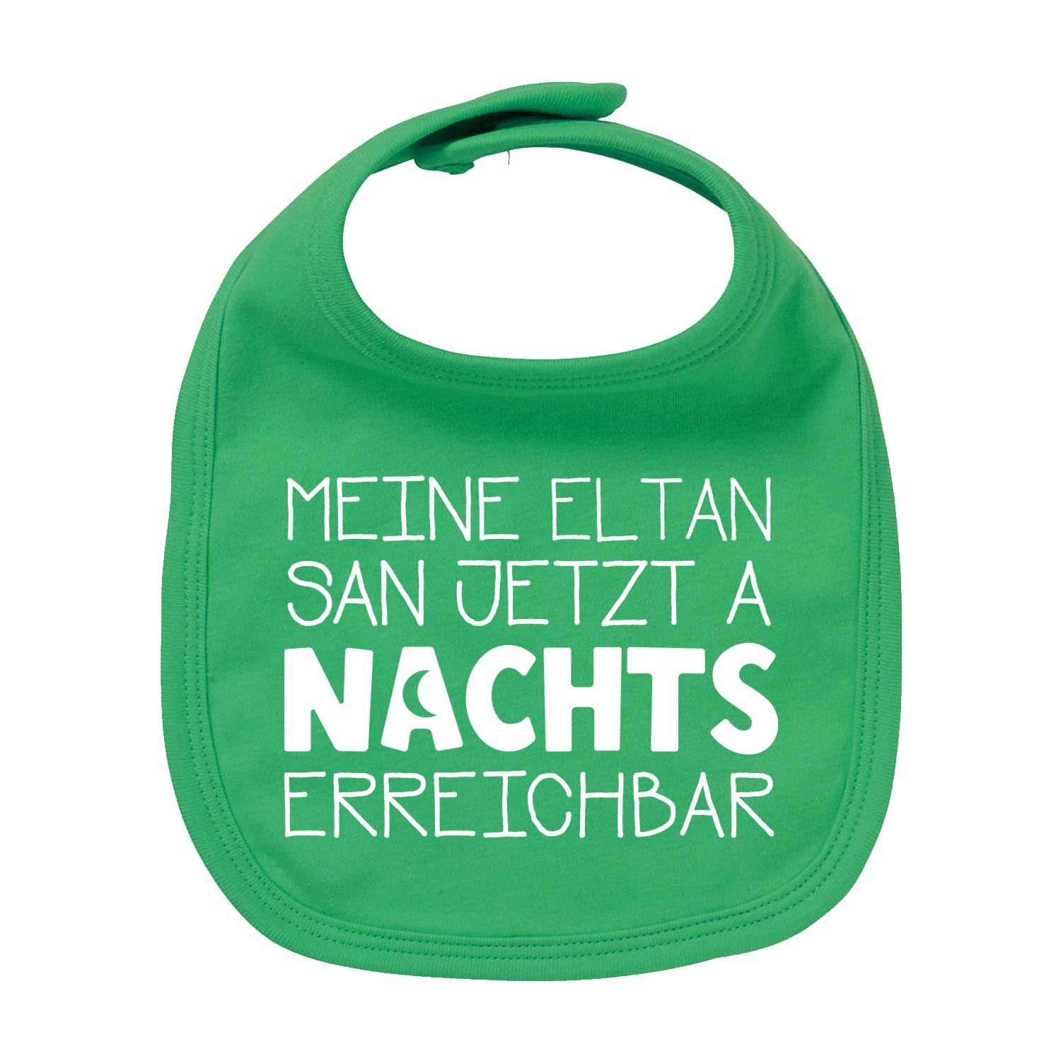 Weißes Baby-Lätzchen mit schwarzem Schriftzug „Nachts erreichbar!“, runder Ausschnitt, aus Bio-Baumwolle, 35×22 cm.