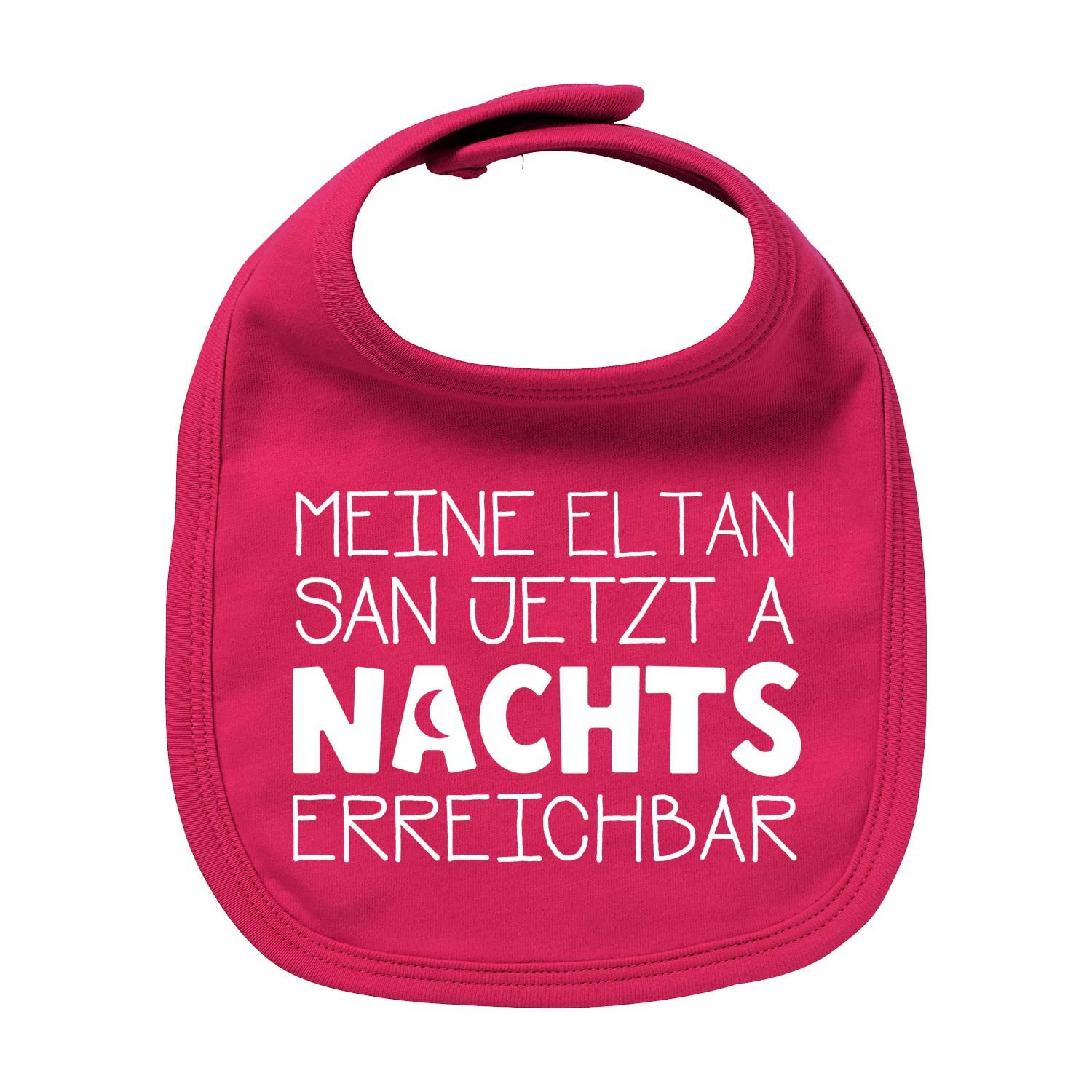 Weißes Baby-Lätzchen mit schwarzem Schriftzug „Nachts erreichbar!“, runder Halsausschnitt, Bio-Baumwolle, Siebdruck.