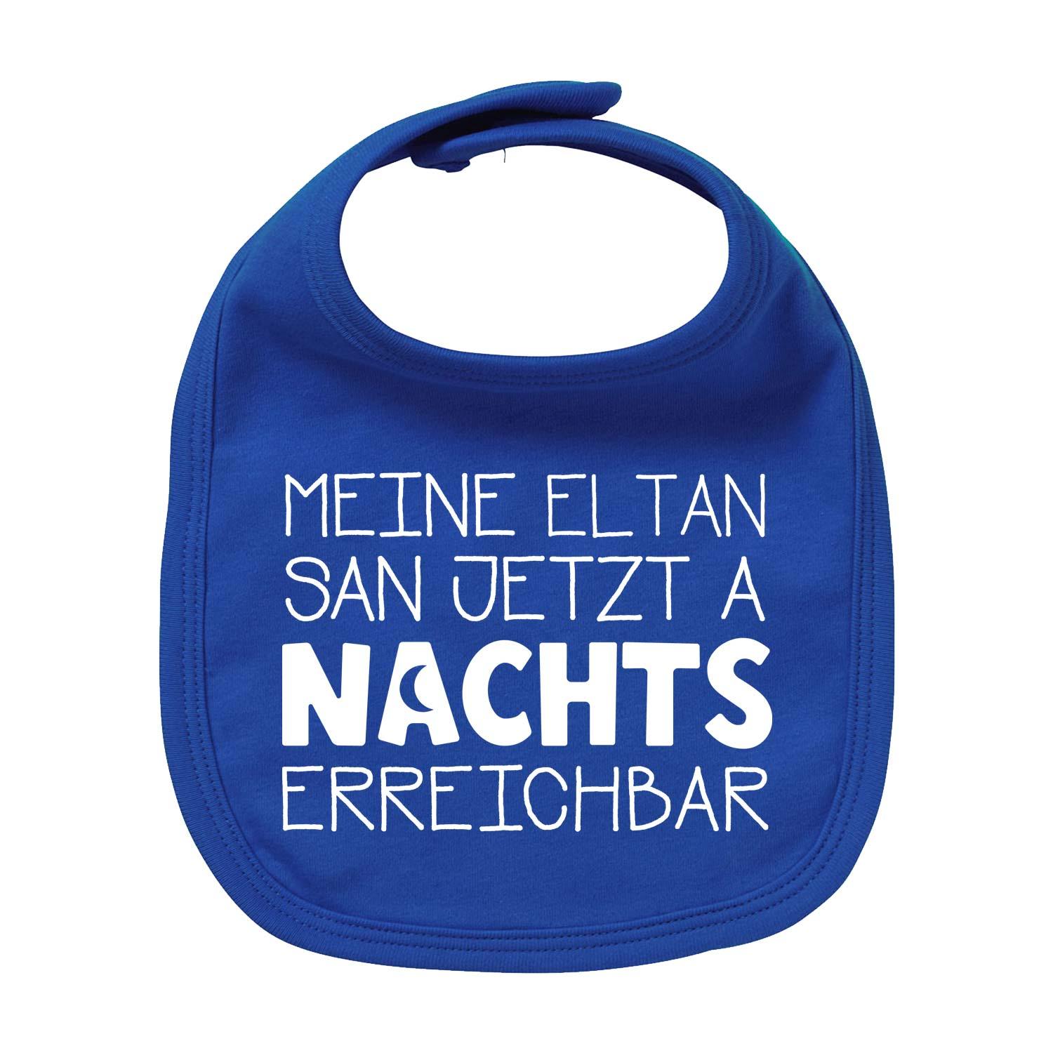 Weißes Baby-Lätzchen mit dunkelblauem Schriftzug „Nachts erreichbar!“, Rundhalsausschnitt, aus Bio-Baumwolle.