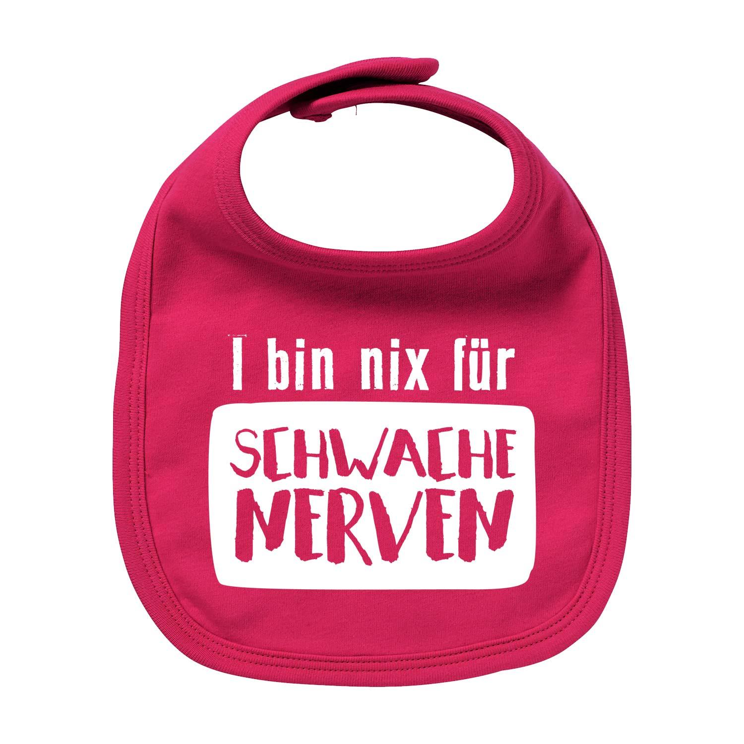 Hellblaues Baby-Lätzchen mit schwarzem Frontprint „nix für schwache Nerven“, runde Form, Bio-Baumwolle.