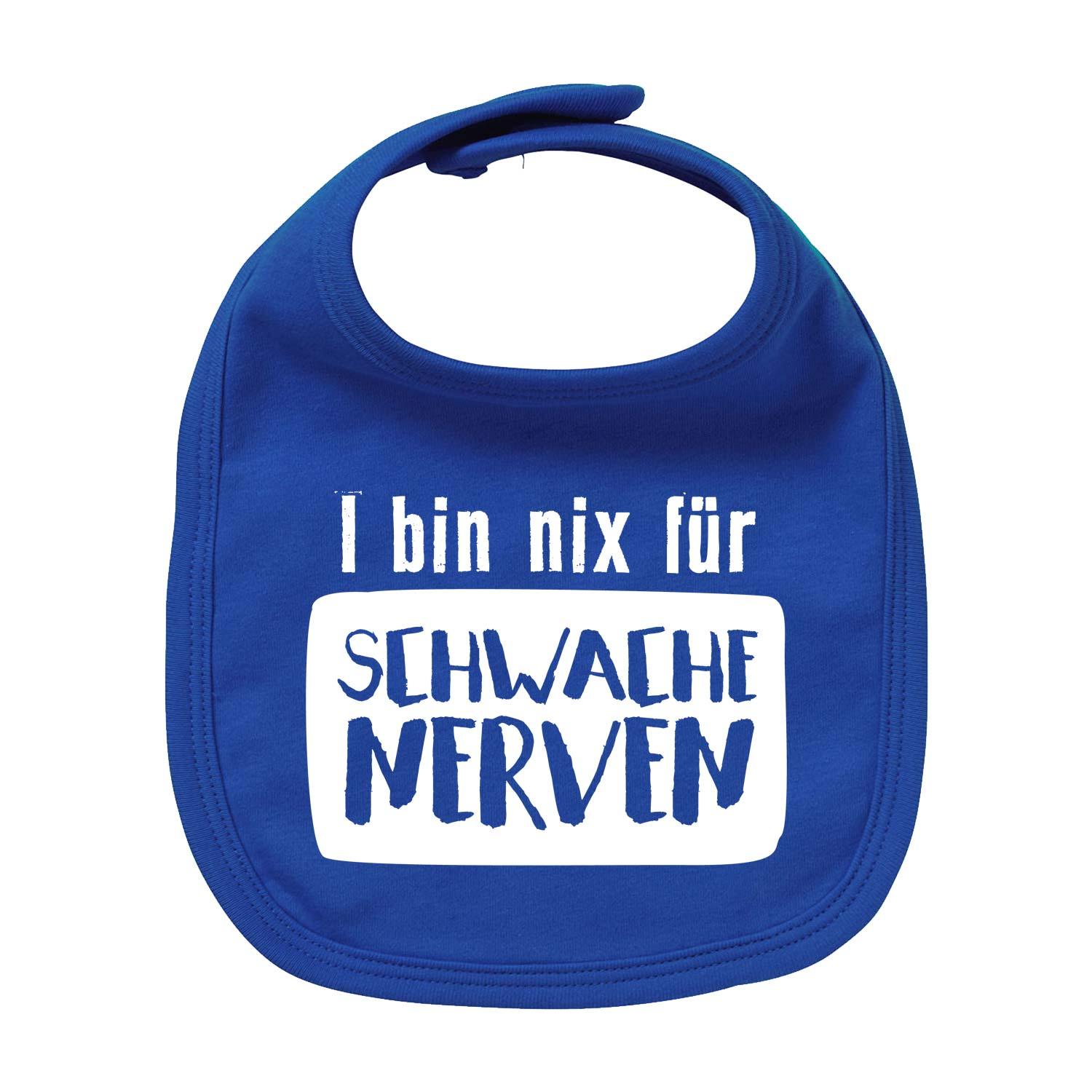 Weißes Baby-Lätzchen mit schwarzem Schriftzug „nix für schwache Nerven“, rundem Halsausschnitt, aus Bio-Baumwolle.