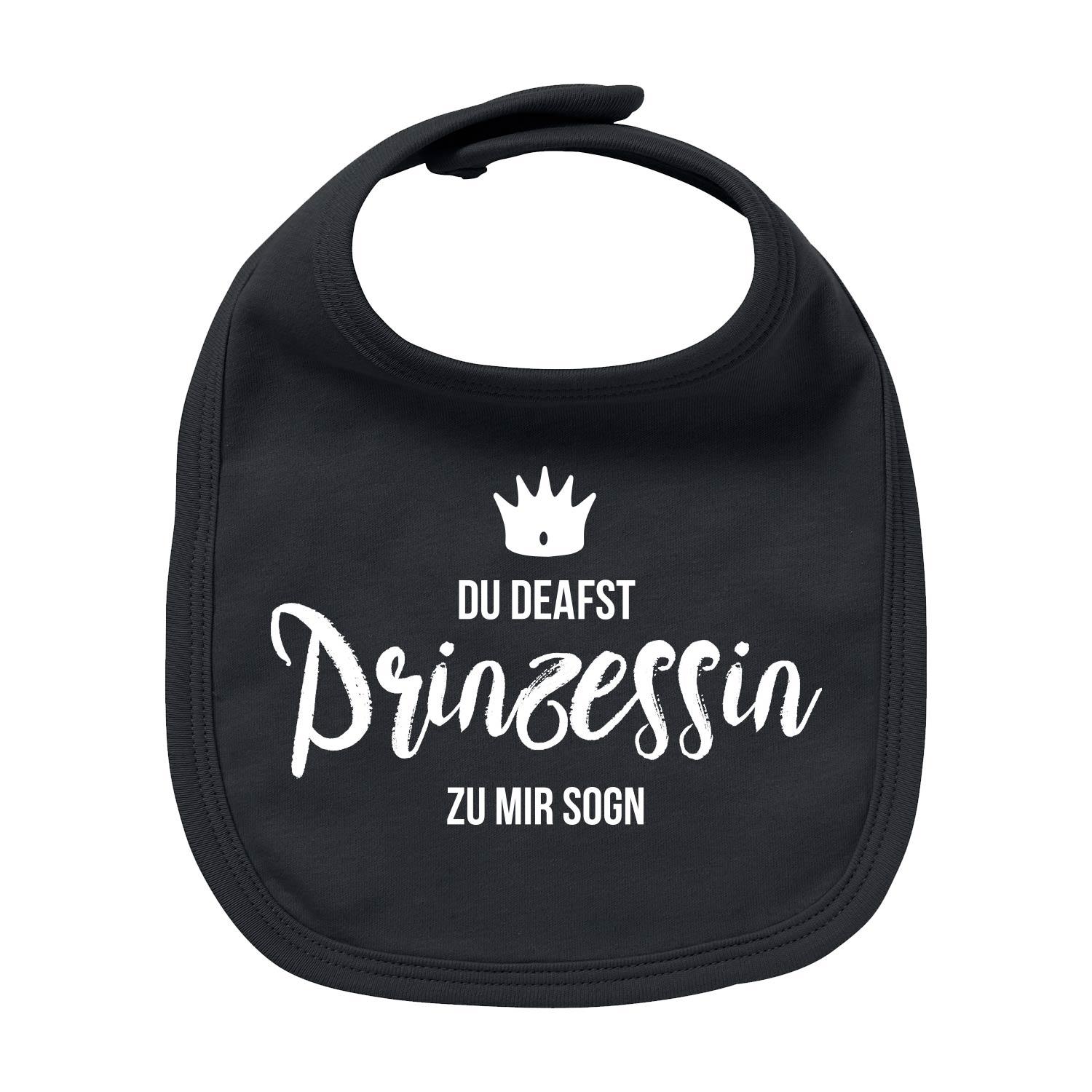 Weißes Baby-Lätzchen mit rosa Schriftzug „Prinzessin“ in Herzform, aus Bio-Baumwolle, mit Rundhalsausschnitt.