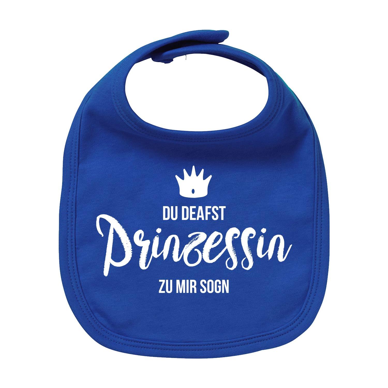 Rosa Baby-Lätzchen mit weißem „Prinzessin“-Schriftzug und Krone, aus Bio-Baumwolle, rechteckig, Siebdruck.