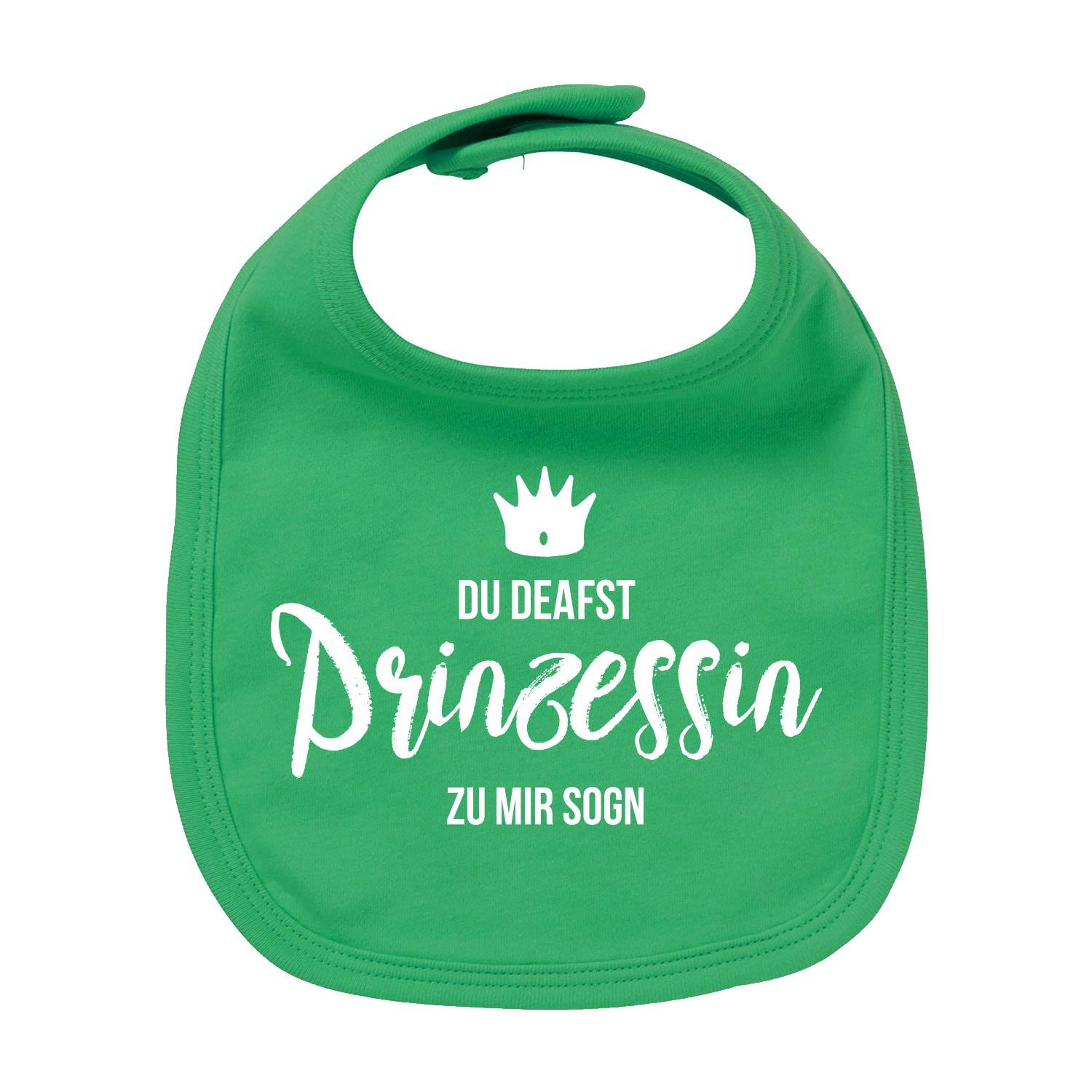 Rosa Baby-Lätzchen aus Bio-Baumwolle mit weißem „Prinzessin“-Schriftzug und Krone im Siebdruck.
