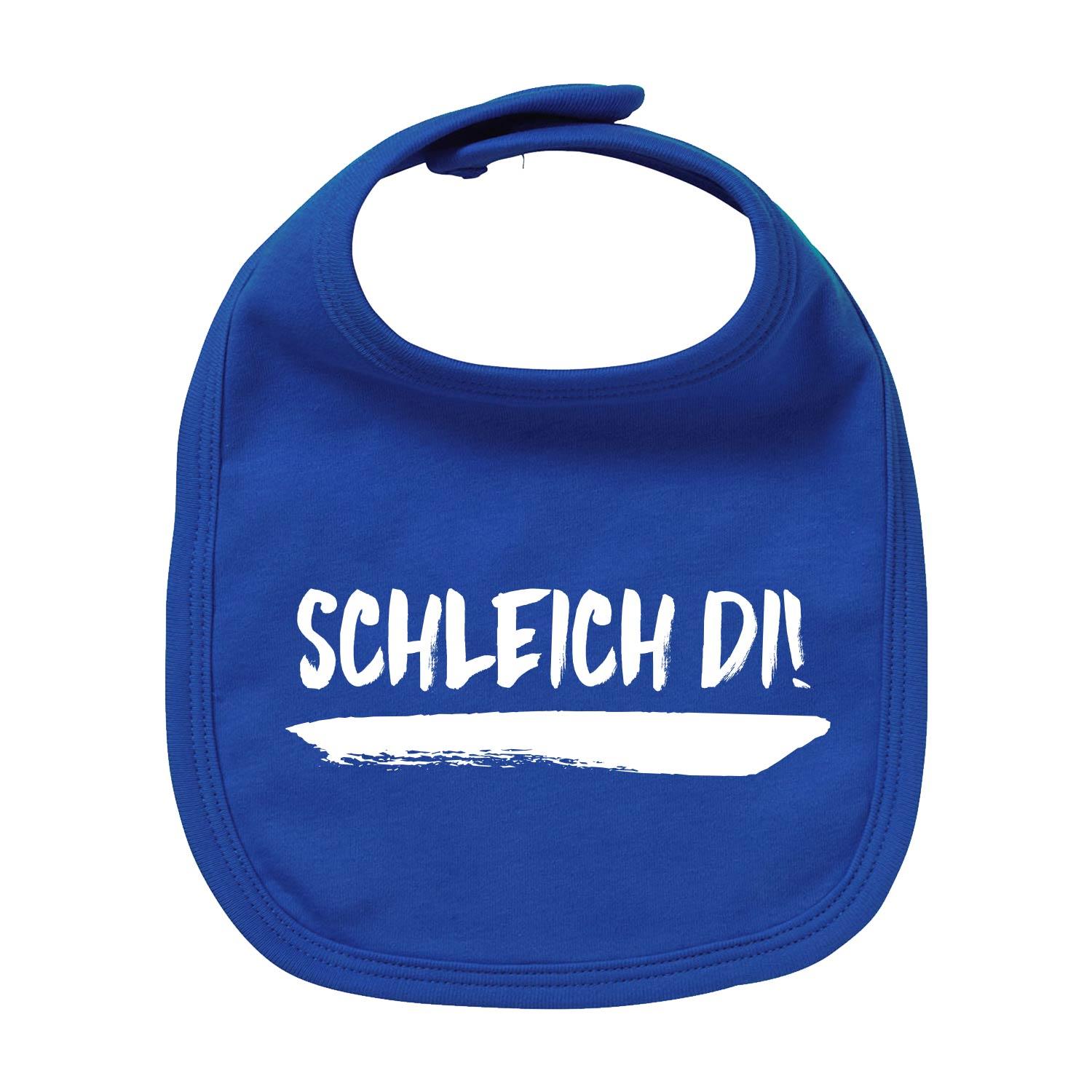 Weißes Baby-Lätzchen mit dunkelblauem Schriftzug „Schleich di!“, abgerundete Form, aus 100 % Bio-Baumwolle.
