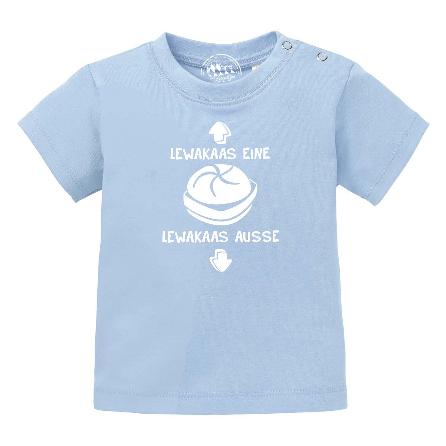 Helles Baby T-Shirt "Lewakaas" mit lustigem Spruch und Semmel-Grafik für kleine Feinschmecker.
