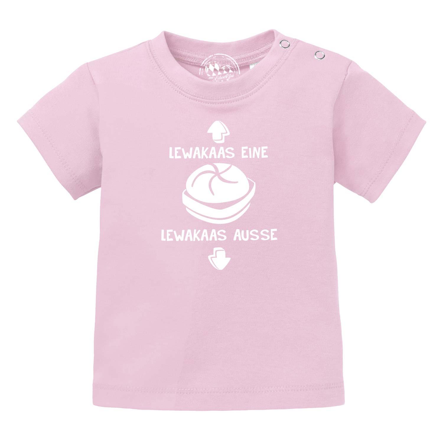 Rosa Baby T-Shirt "Lewakaas" mit lustigem Aufdruck Breze und Pfeilen für Babys und Kleinkinder.