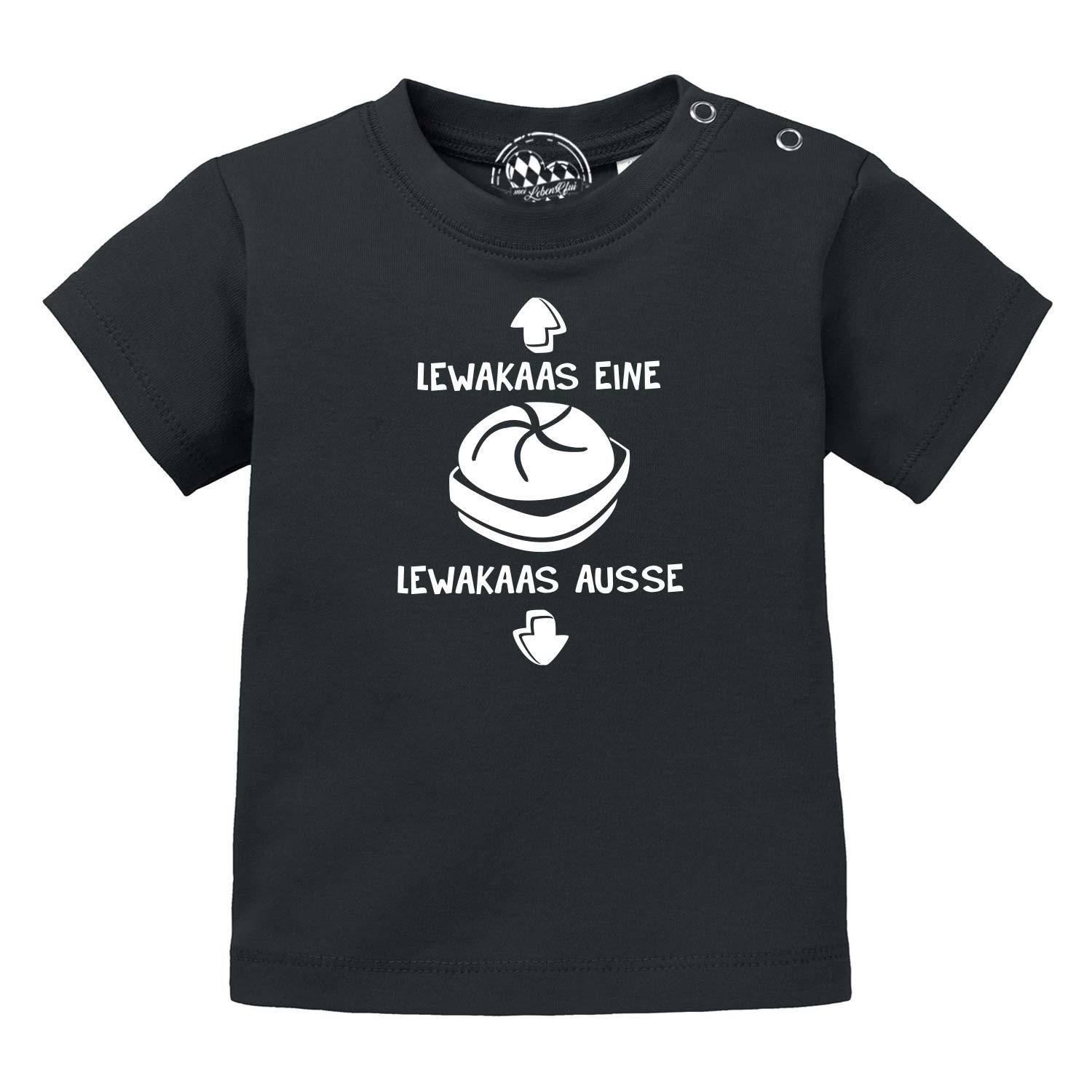 Schwarzes Baby T-Shirt "Lewakaas" mit lustigem Aufdruck "Lewakaas eine, Lewakaas ausse" und Semmel-Motiv.