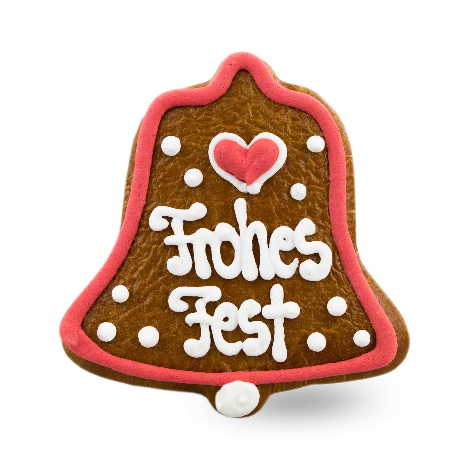 Herzförmiger Lebkuchen in Glockenform mit weißer Zuckerschrift „Frohes Fest“ und bunten Zuckerdekoren, ca. 11 x 12 cm.