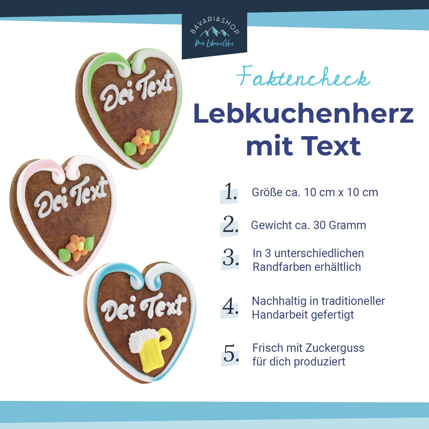 Herzförmiges Lebkuchenherz mit weißem Rand, rosa Zuckerdekor und individuellem Schriftzug, ca. 10 × 10 cm, 30 g.