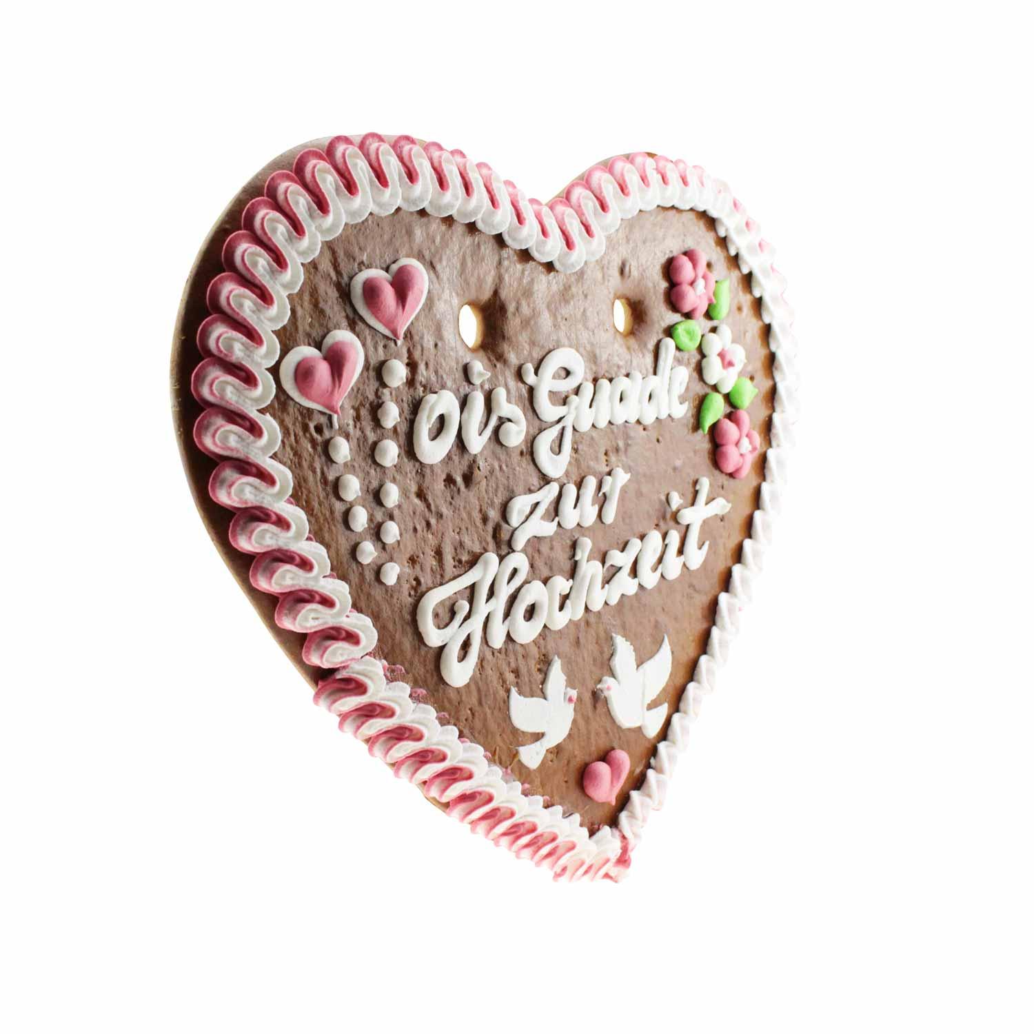 Herzförmiges Lebkuchenherz mit weißer und rosa Zuckerdekoration, Schriftzug „Ois Guade zur Hochzeit“, ca. 36 x 34 cm