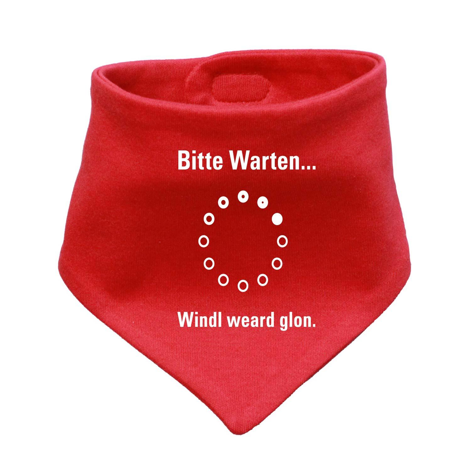 Rotes Babyhalstuch "Bitte wartn…" mit weißem Text und Lade-Symbol, saugfähiges Baumwoll-Lätzchen für Babys.