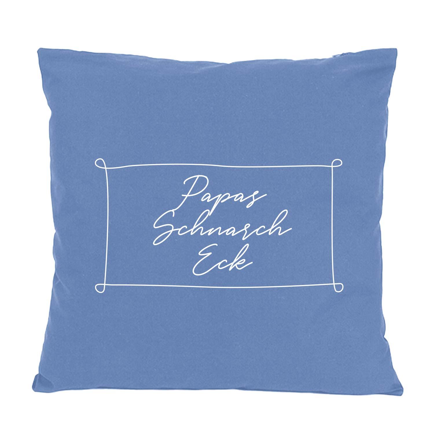 Blaues Baumwollkissen Papas Schnarch Eck mit weißer Schrift und Rahmen, ideales Geschenk für den Vater.