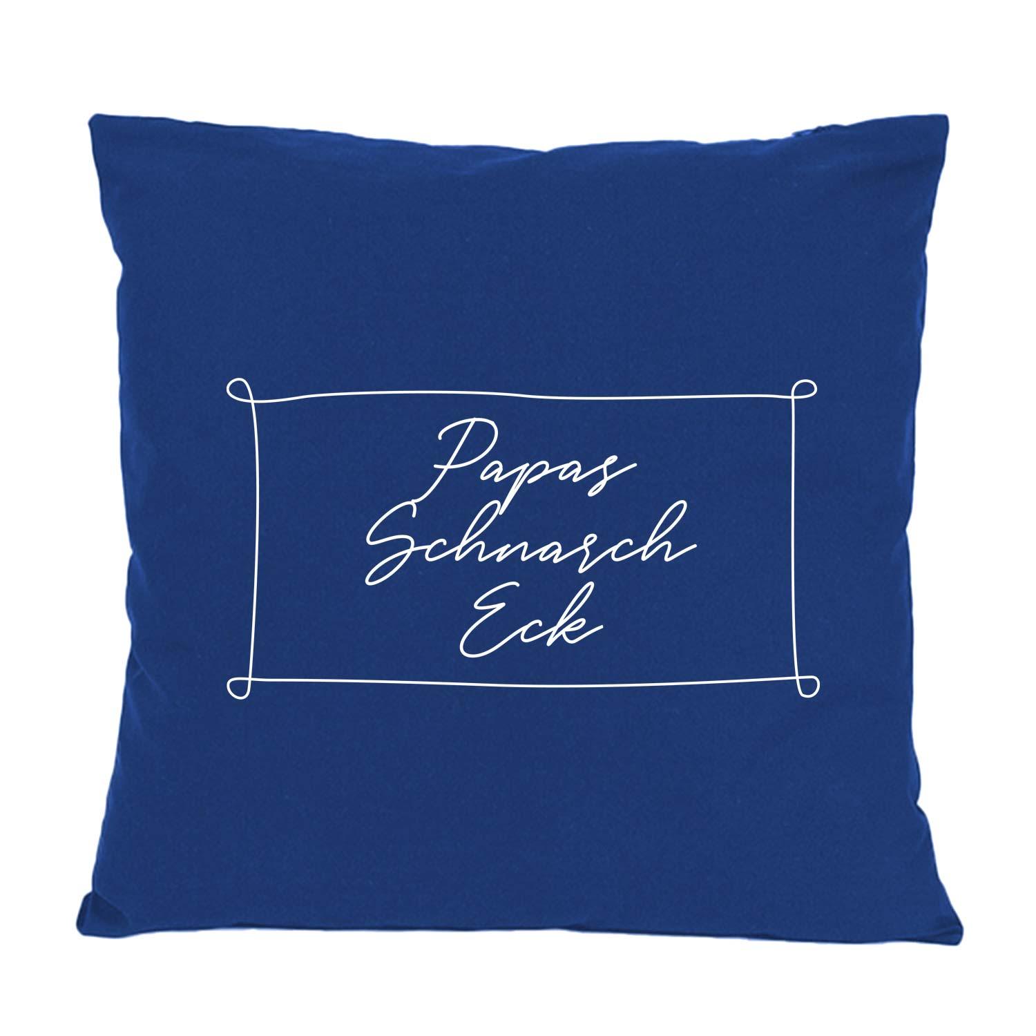 Dunkelblaues Kissen "Papas Schnarch Eck" mit weißer, geschwungener Schrift und minimalistischem Rahmen als Geschenkidee.